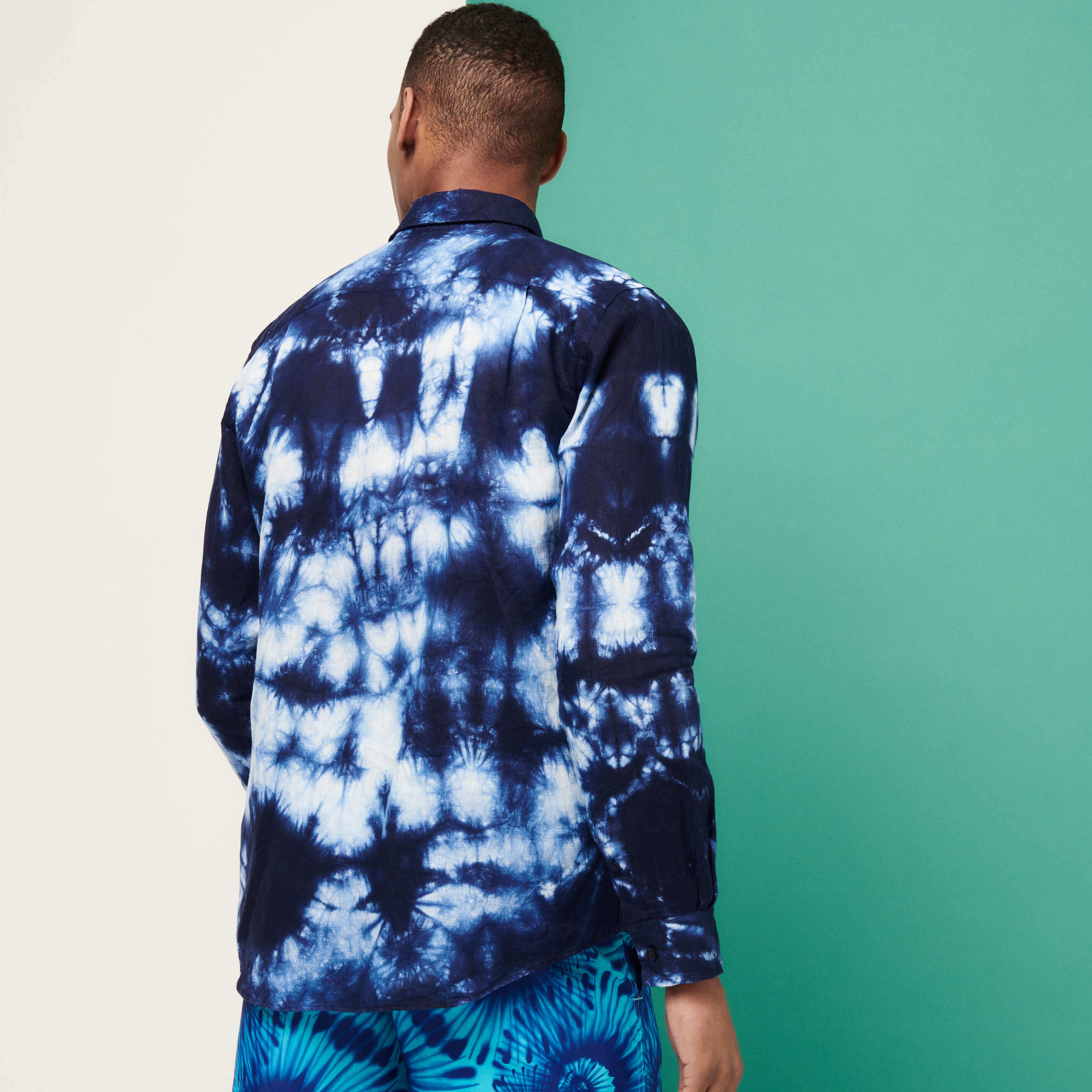 Men Bowling Shirt Linen and Cotton Fonds Marins Tie & Dye - 4
