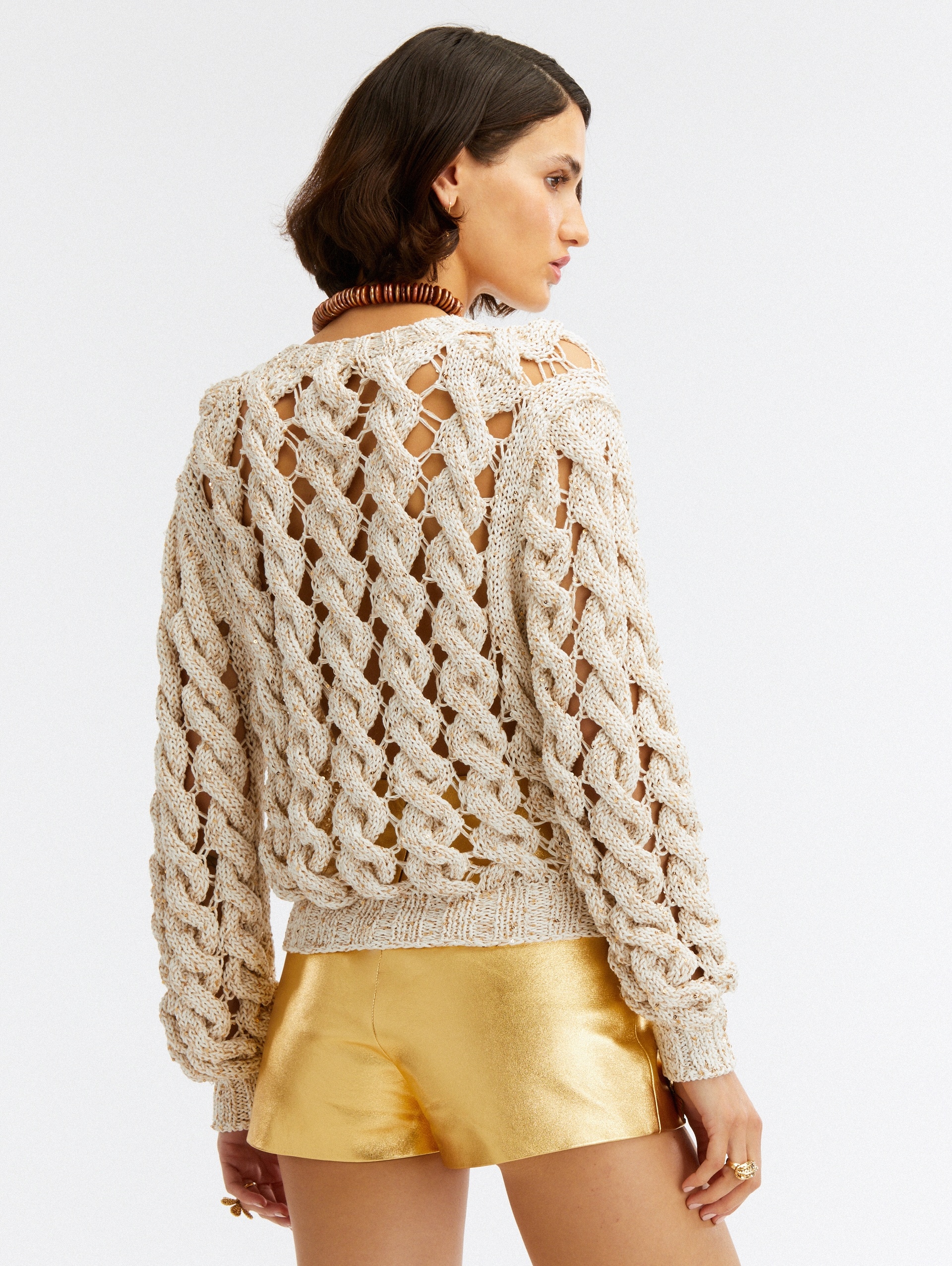 SEQUIN CABLE KNIT PULLOVER - 3