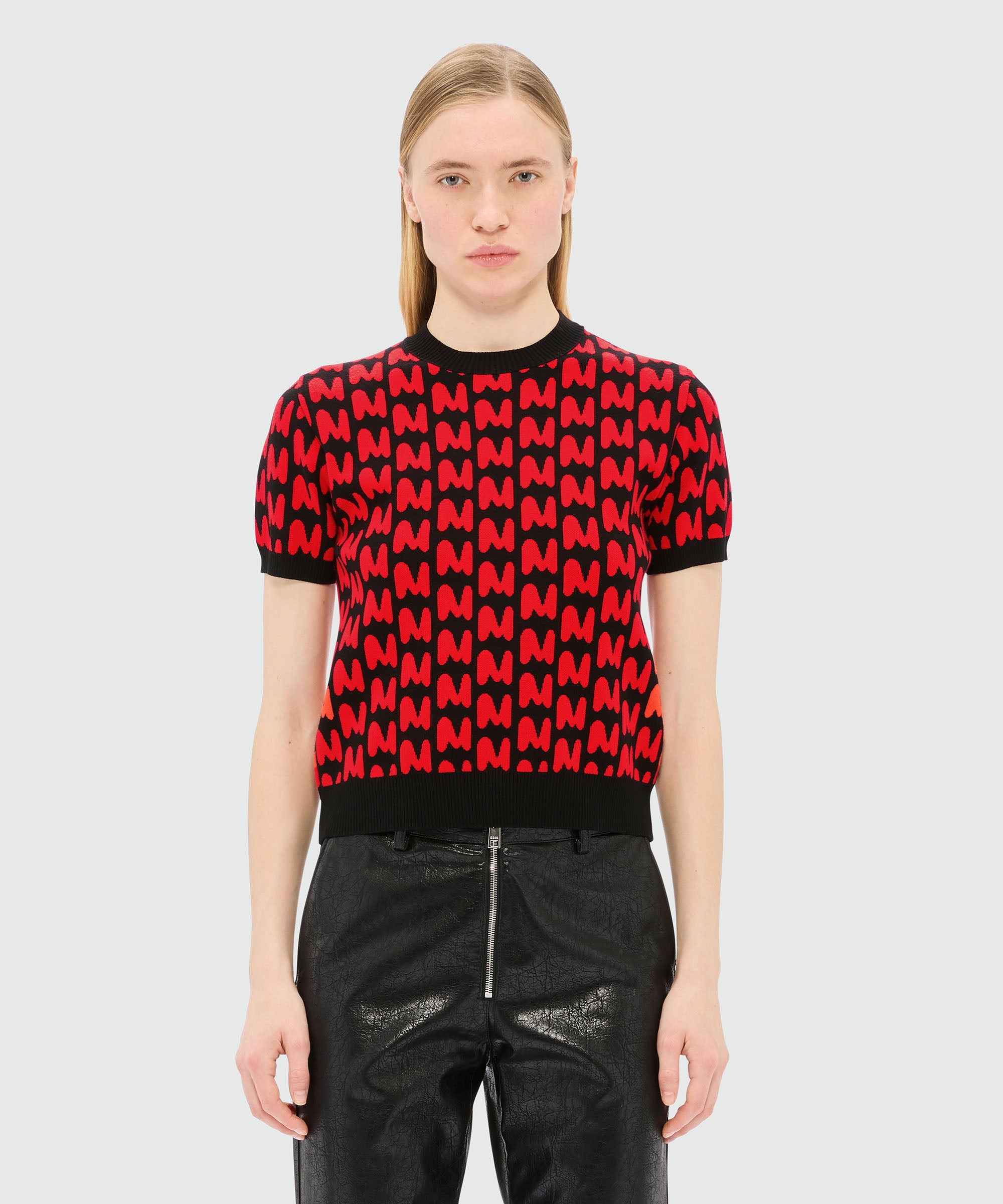 Black short-sleeved jacquard sweater with "TheMwave" motif - 2