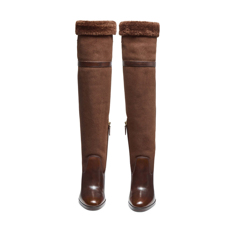 Women's dark brown leather and shearling high-heel boot 4