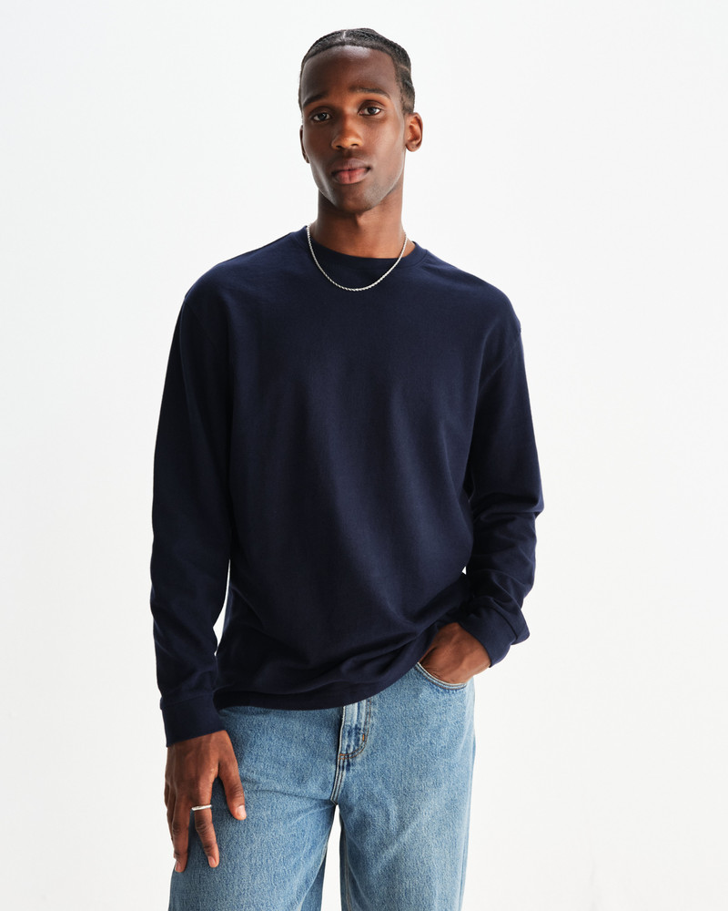 Hayden - Navy Textured Organic Cotton Long Sleeve T-Shirt 2