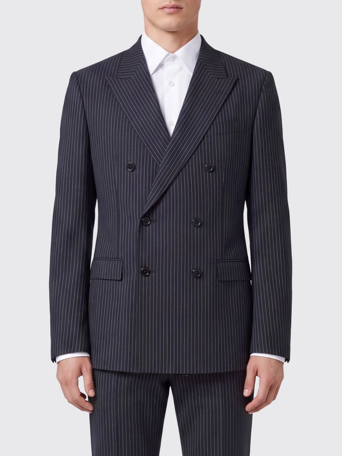 DOLCE & GABBANA Pinstriped Double-Breasted Virgin Wool Blazer with Peak Lapels - 1
