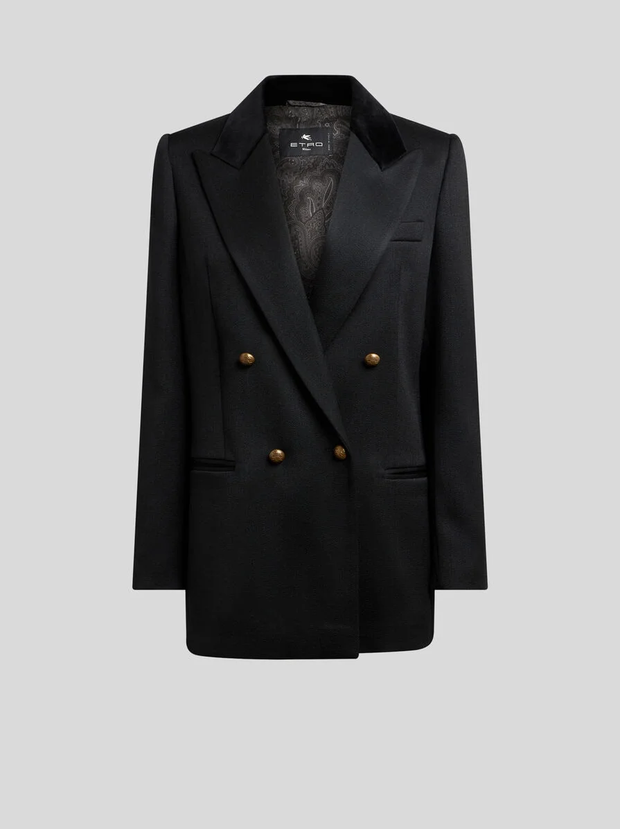 DOUBLE-BREASTED WOOL JACKET WITH VELVET INSERT - 1
