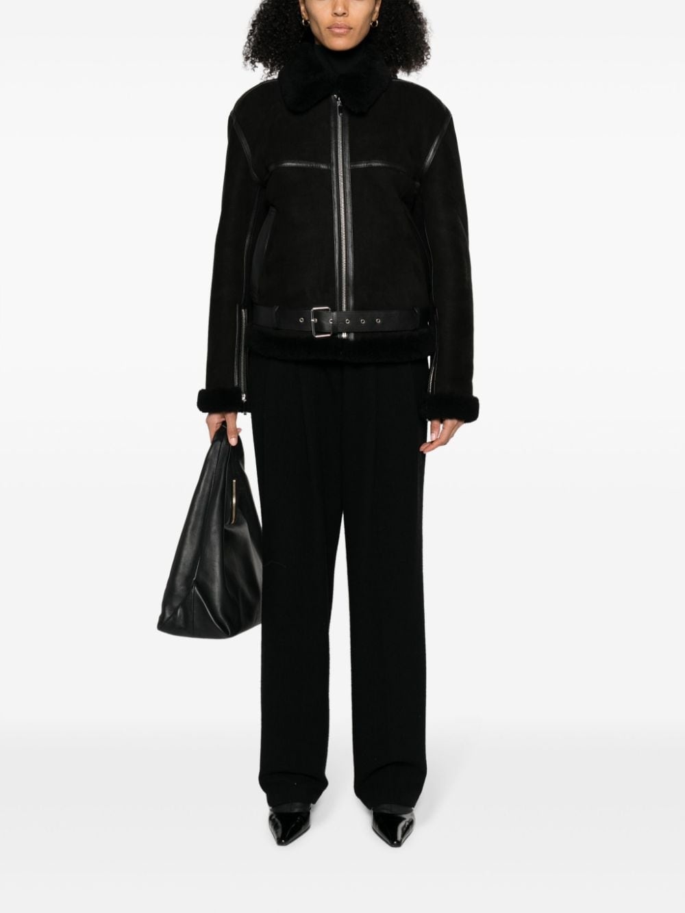 shearling-trim zip-up suede jacket - 2