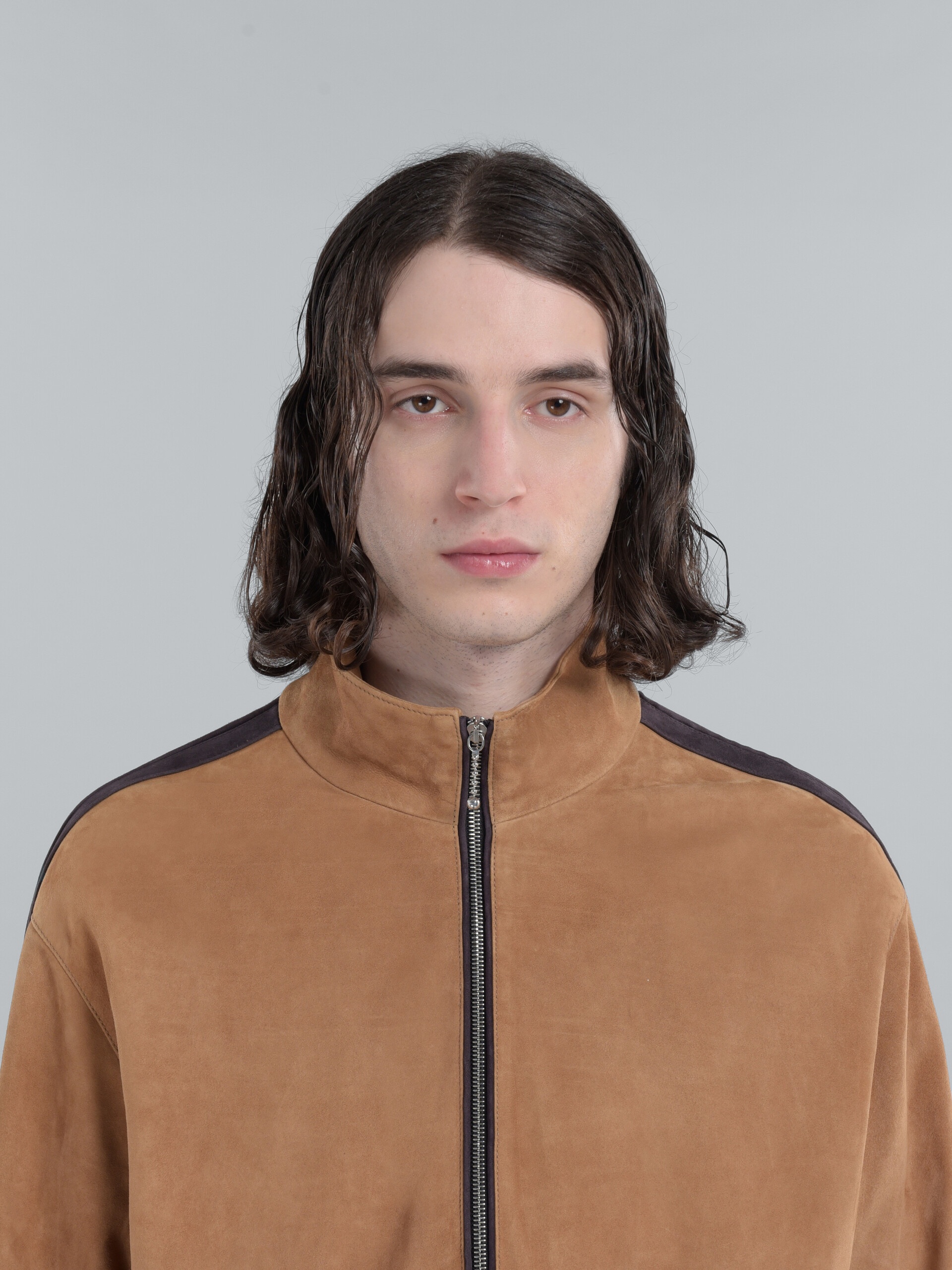 BROWN SUEDE BOMBER JACKET WITH NAPPA BANDS - 4