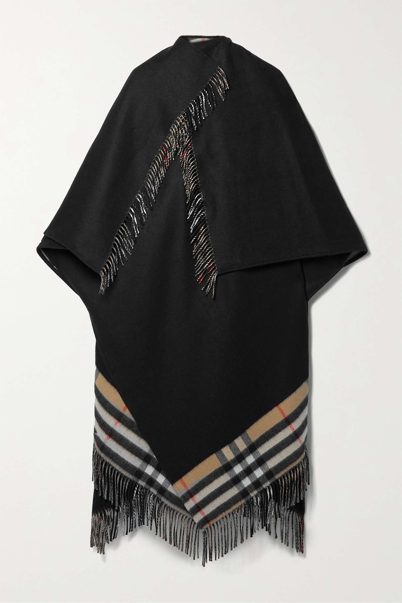 Fringed checked cashmere and merino wool-blend cape - 1