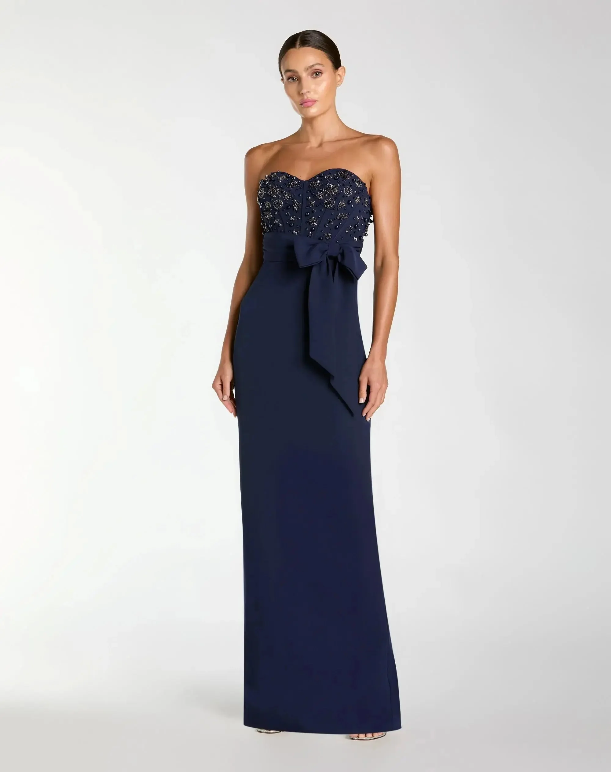 Navy Strapless Embellished Bustier Gown with Bow - 1