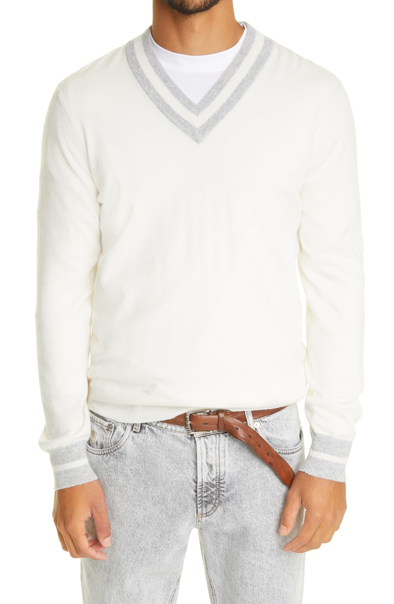 Brunello Cucinelli Stripe V-Neck Cashmere Sweater in White at Nordstrom - 1