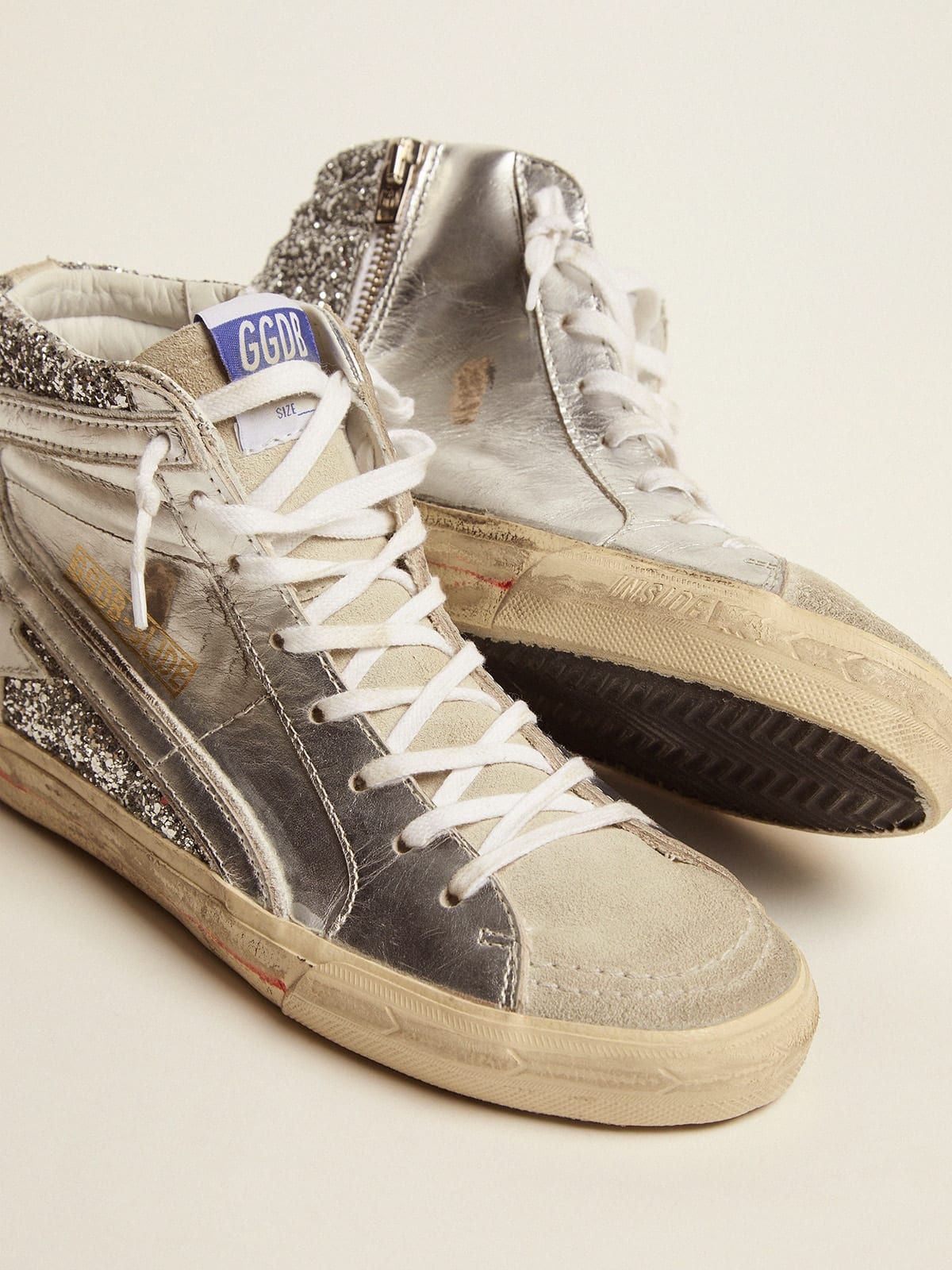 Slide sneakers with upper in laminated leather and silver glitter - 4