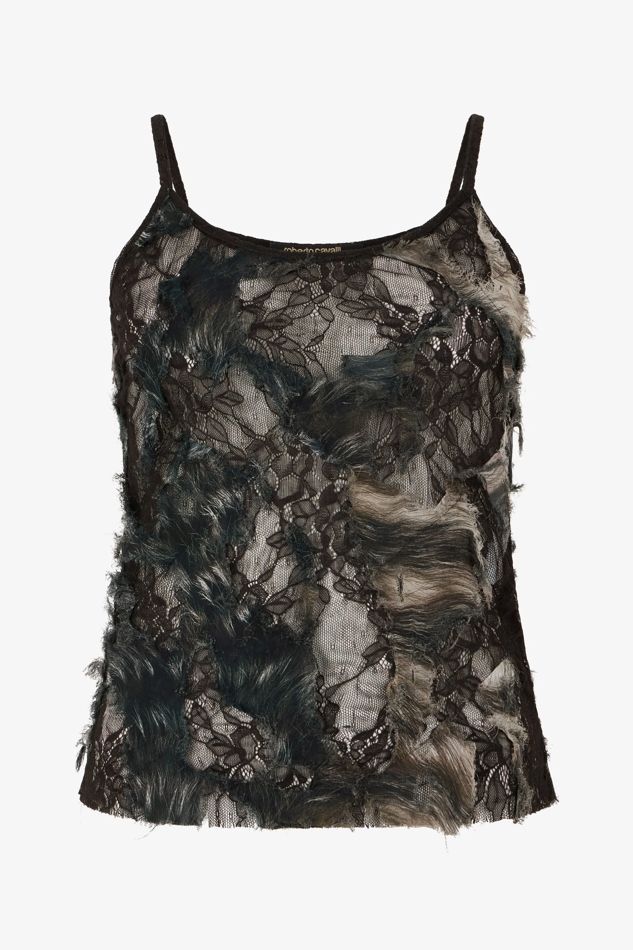 Top with Fur Print on Destroyed-Effect Lace - 1