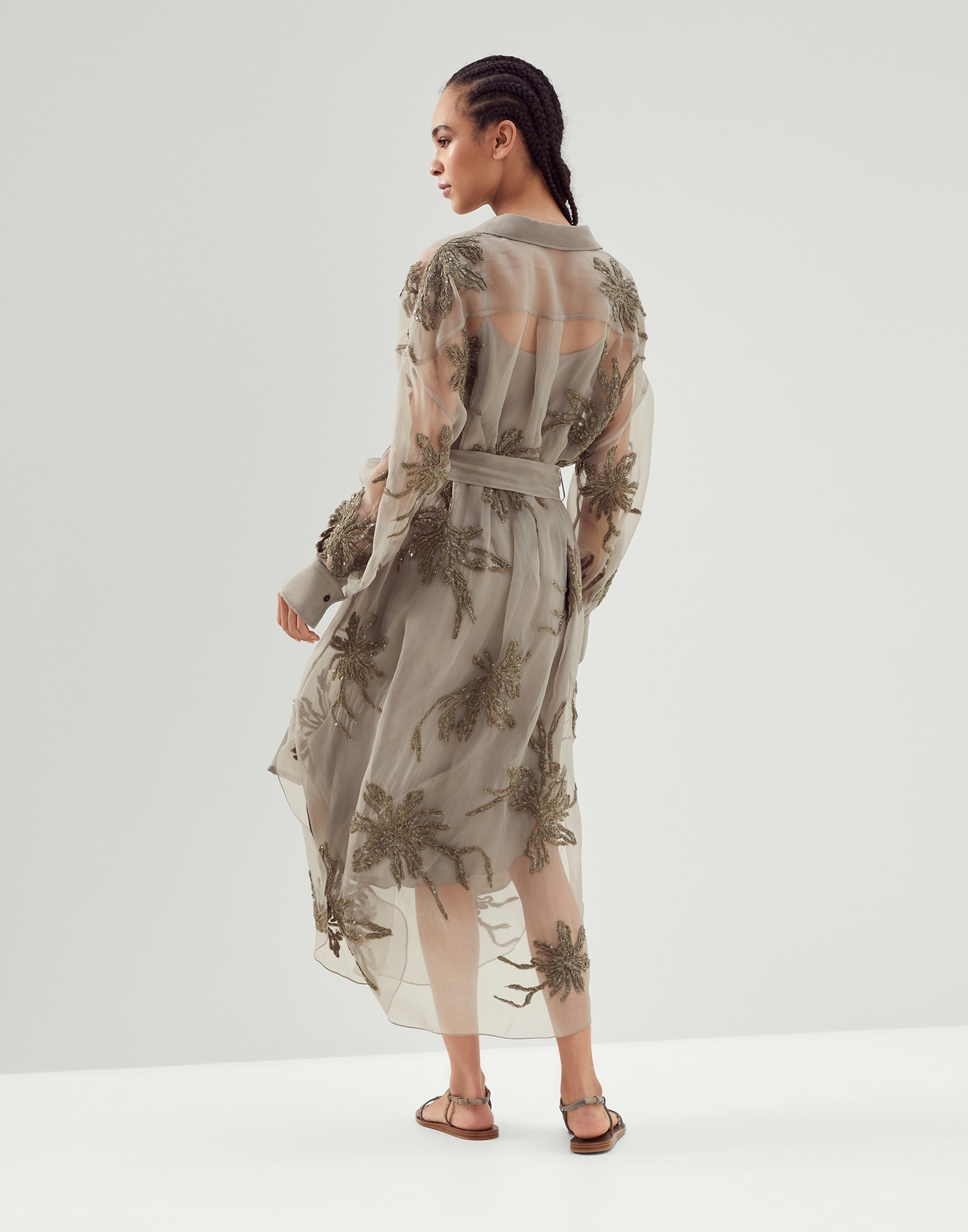 Crispy silk shirt dress with marine flower embroidery - 2