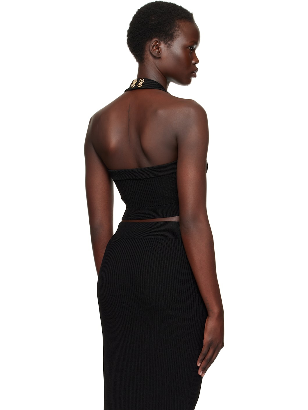 Black Ribbed Knit Halterneck Top - 3