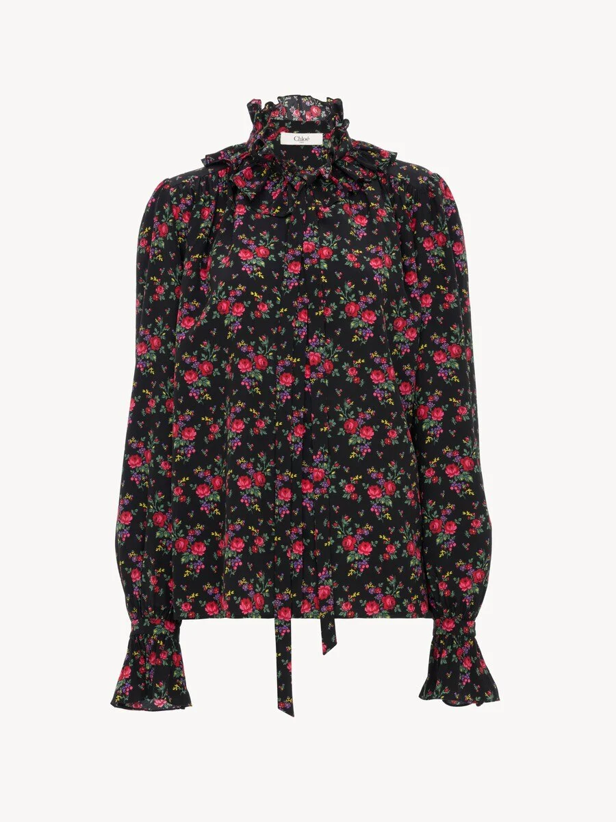 TIE-FRONT RUFFLED BLOUSE IN CRÊPE DE CHINE - 1