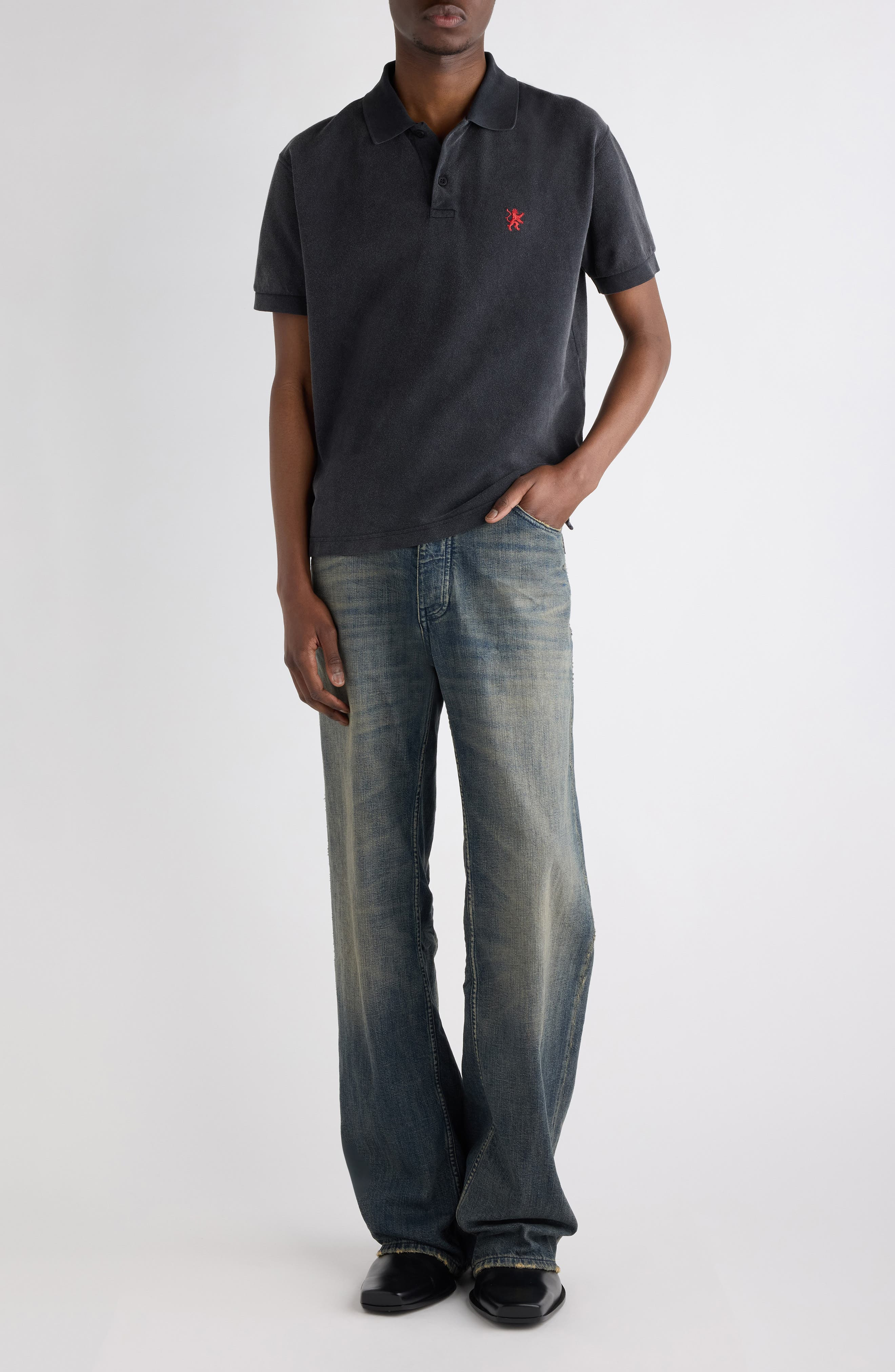 Balenciaga Standard Logo Embroidered Piqué Polo in Washed Black at Nordstrom - 2