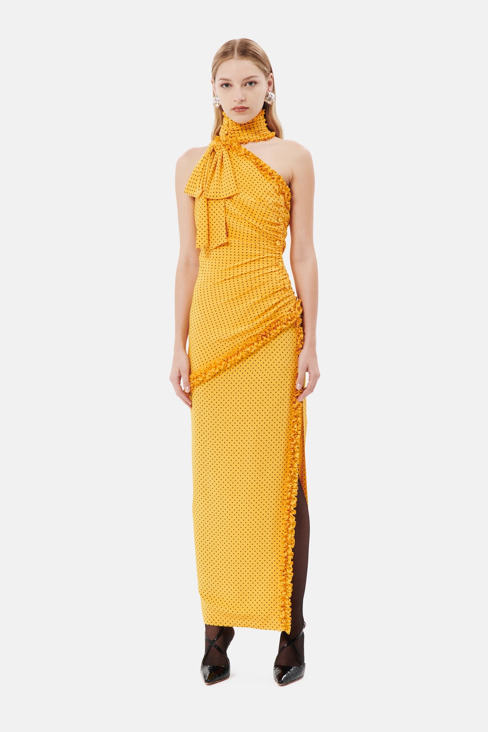 POLKA DOT SILK ONE SHOULDER DRESS WITH BOW - 4