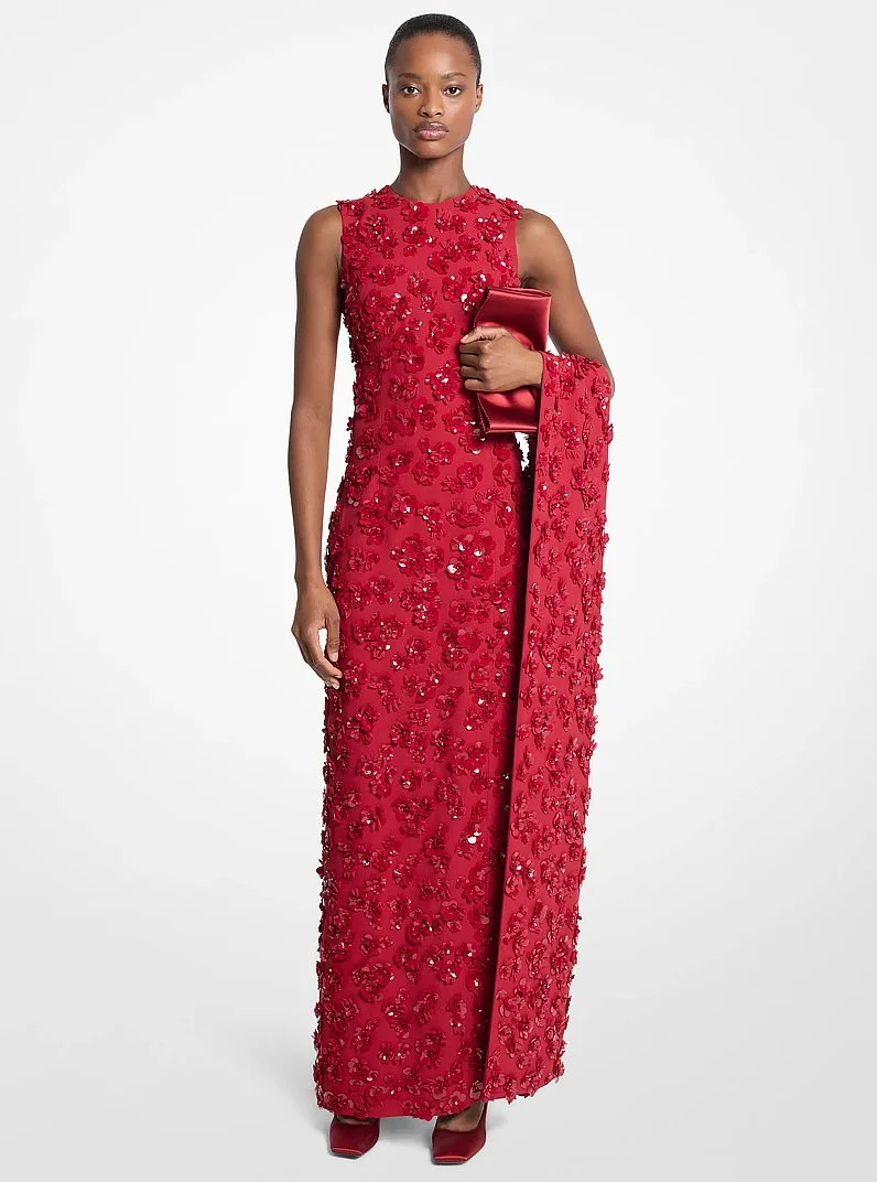 Hand-Embroidered Floral Double Crepe Sablé Gown - 1