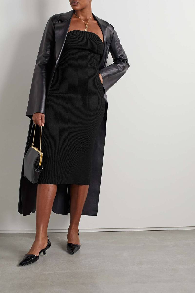 KHAITE Rumer strapless ribbed-knit midi dress outlook