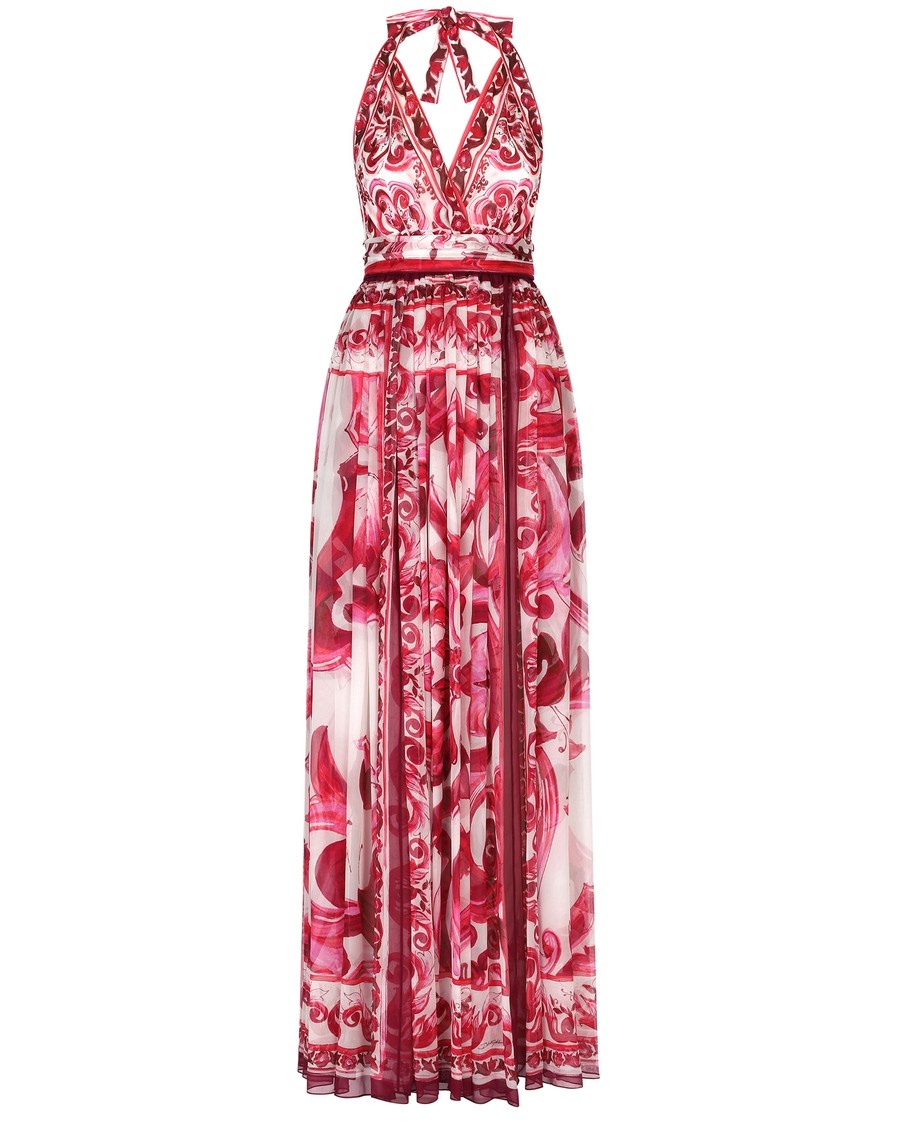 Long sleeveless chiffon dress with majolica print - 1