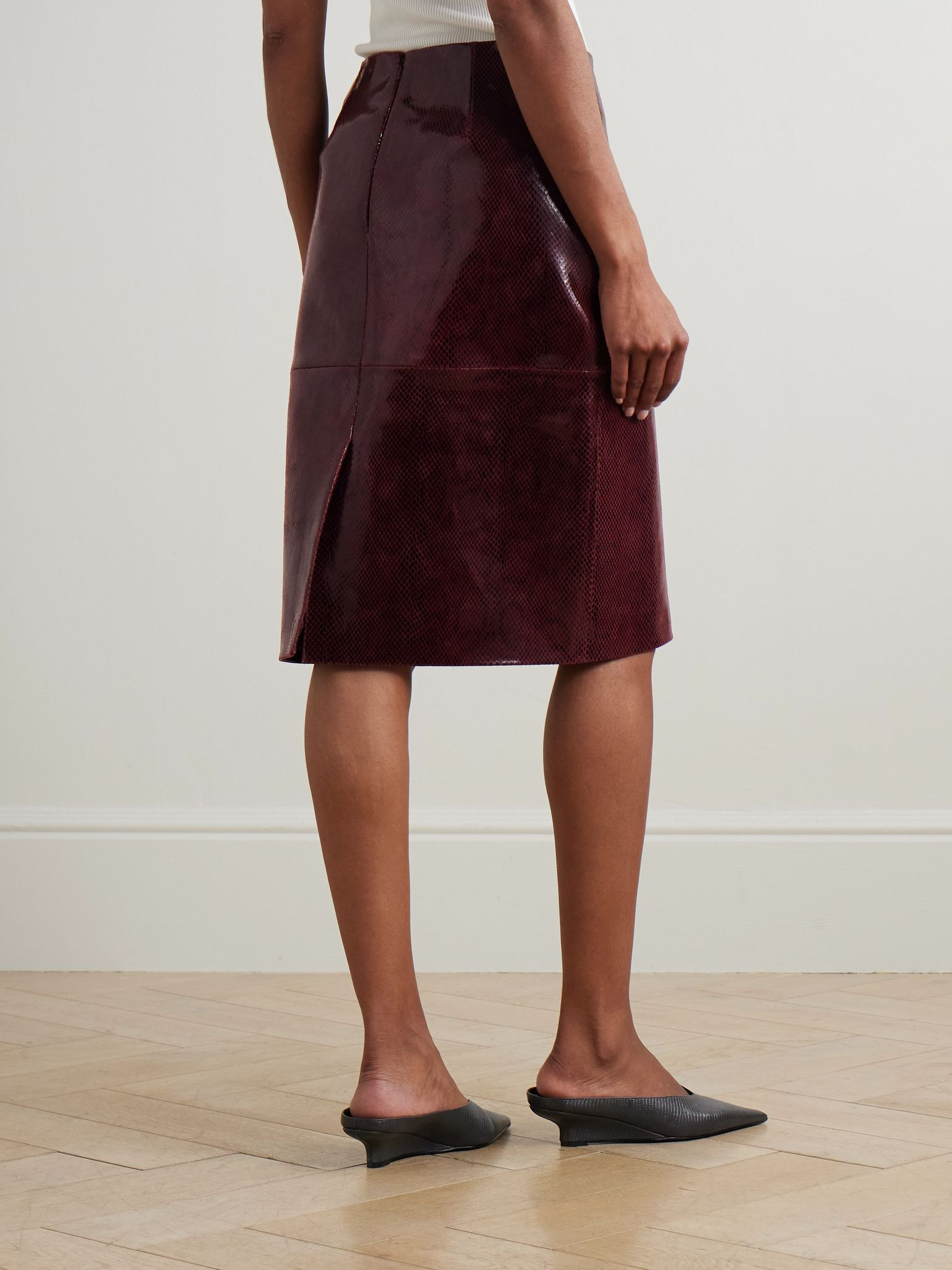 Paneled snake-effect patent-leather midi skirt Burgundy - 4