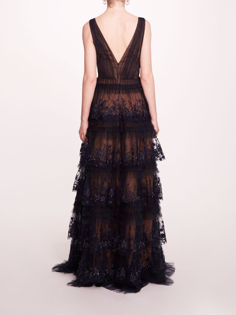 Marchesa TIERED TERRARIUM V-NECK GOWN outlook