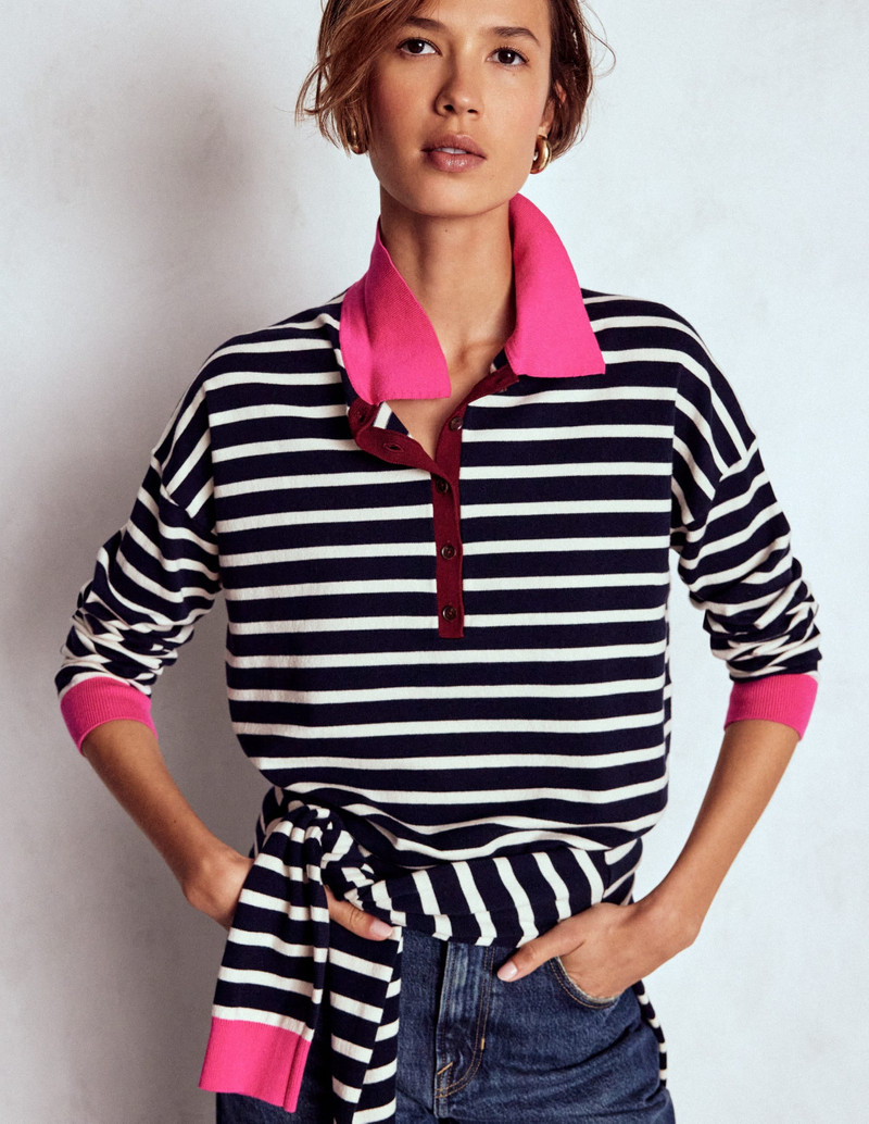 Lara Cotton Henley Jumper-Navy Stripe 6