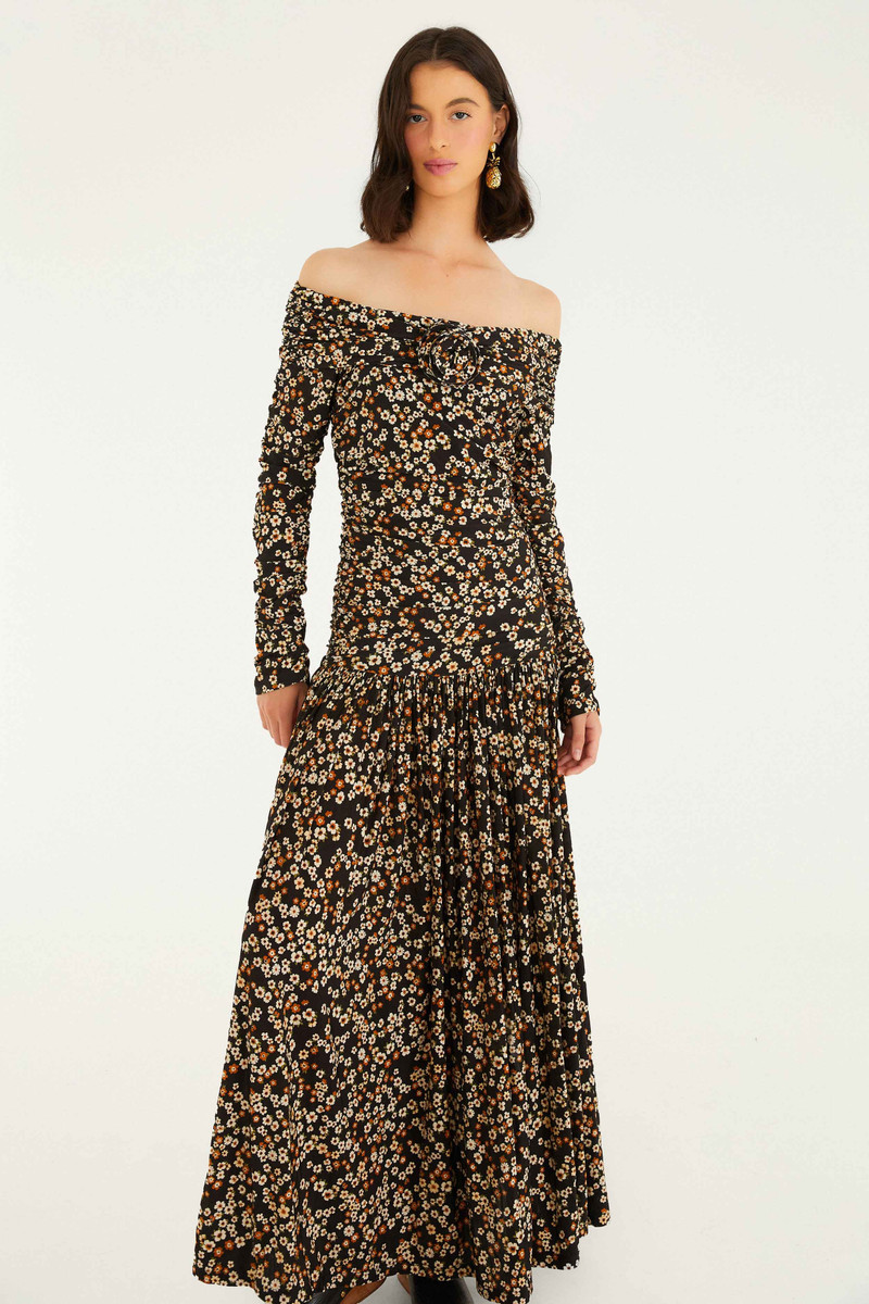 Black Tiny Flowers Long Sleeve Maxi Dress - 1