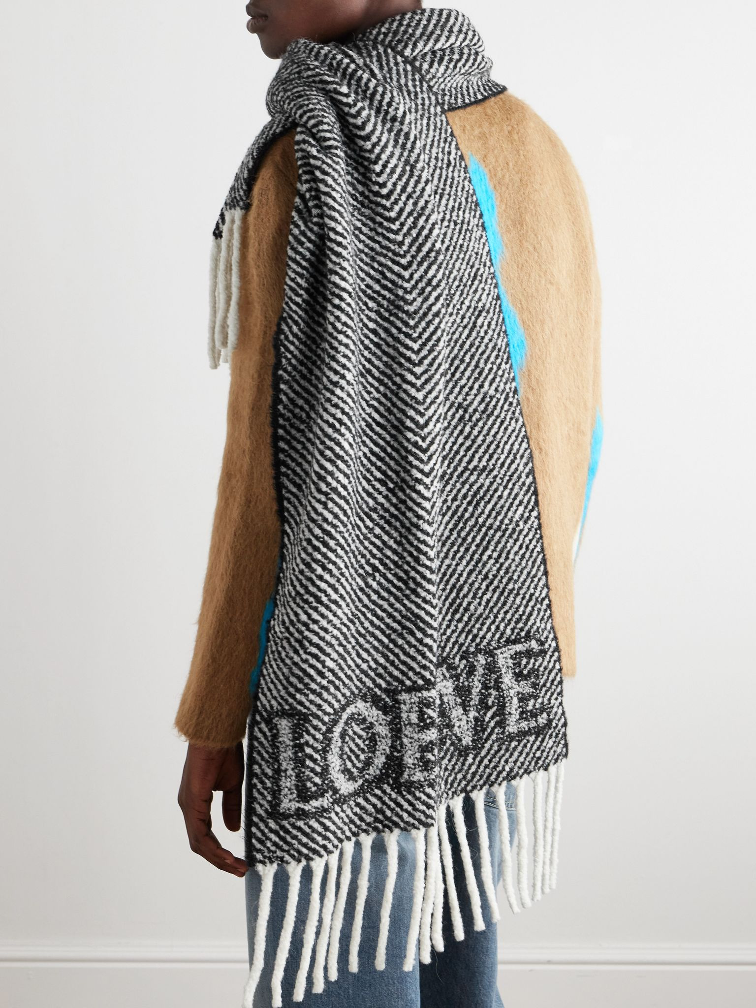 Fringed Logo-Jacquard Striped Alpaca-Blend Bouclé Scarf Gray - 2