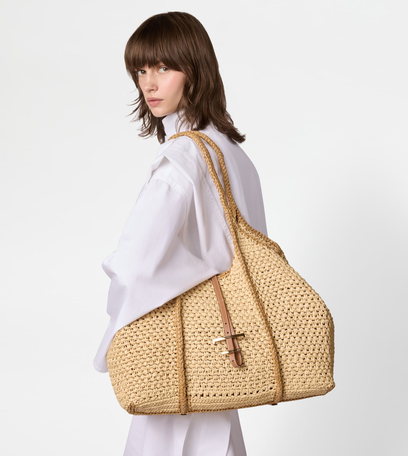Tod's T TIMELESS SHOPPING BAG IN RAFFIA LARGE - NATURAL, BROWN outlook