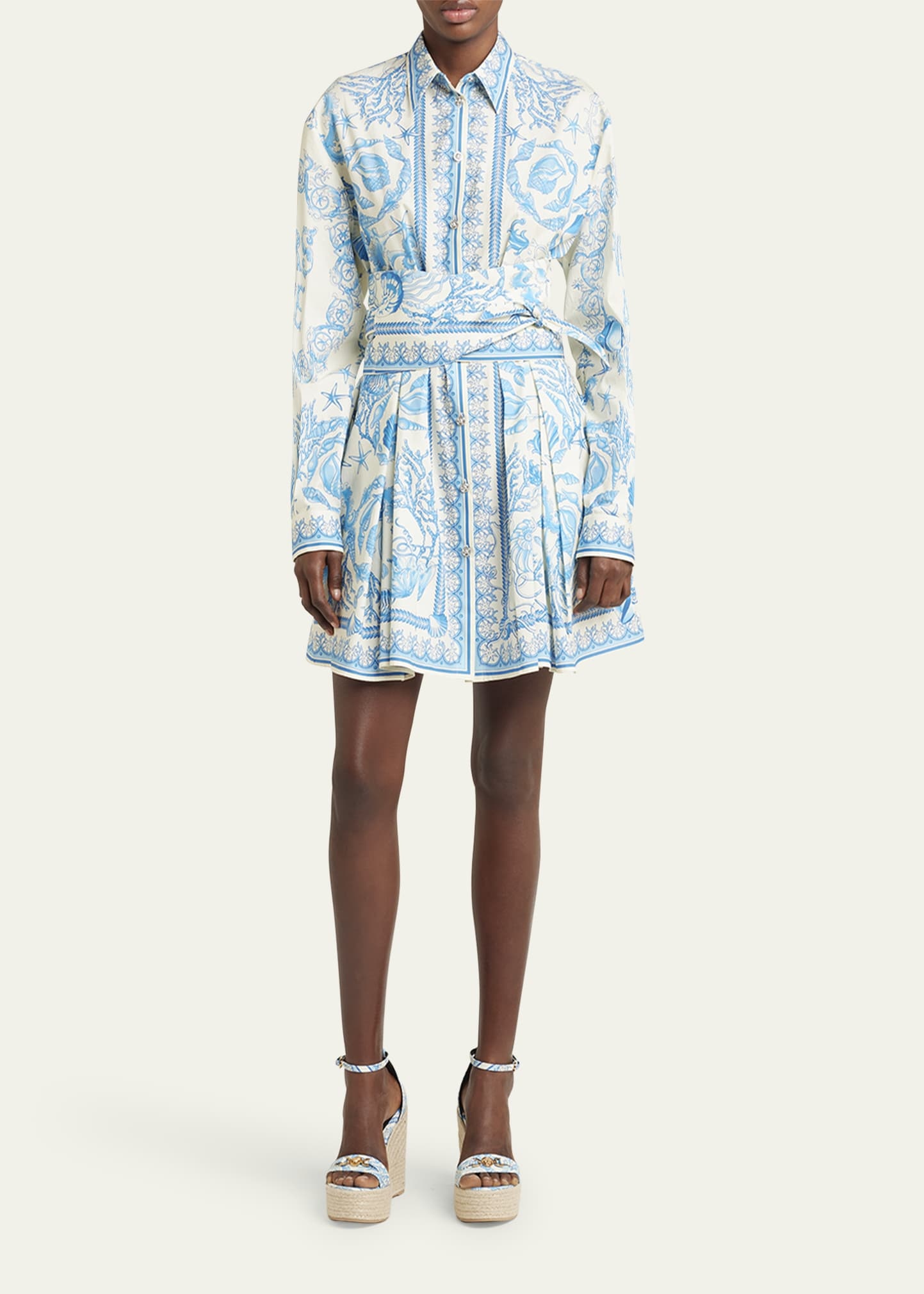 Pleated Baroque Scarf-Print Mini Shirtdress - 2