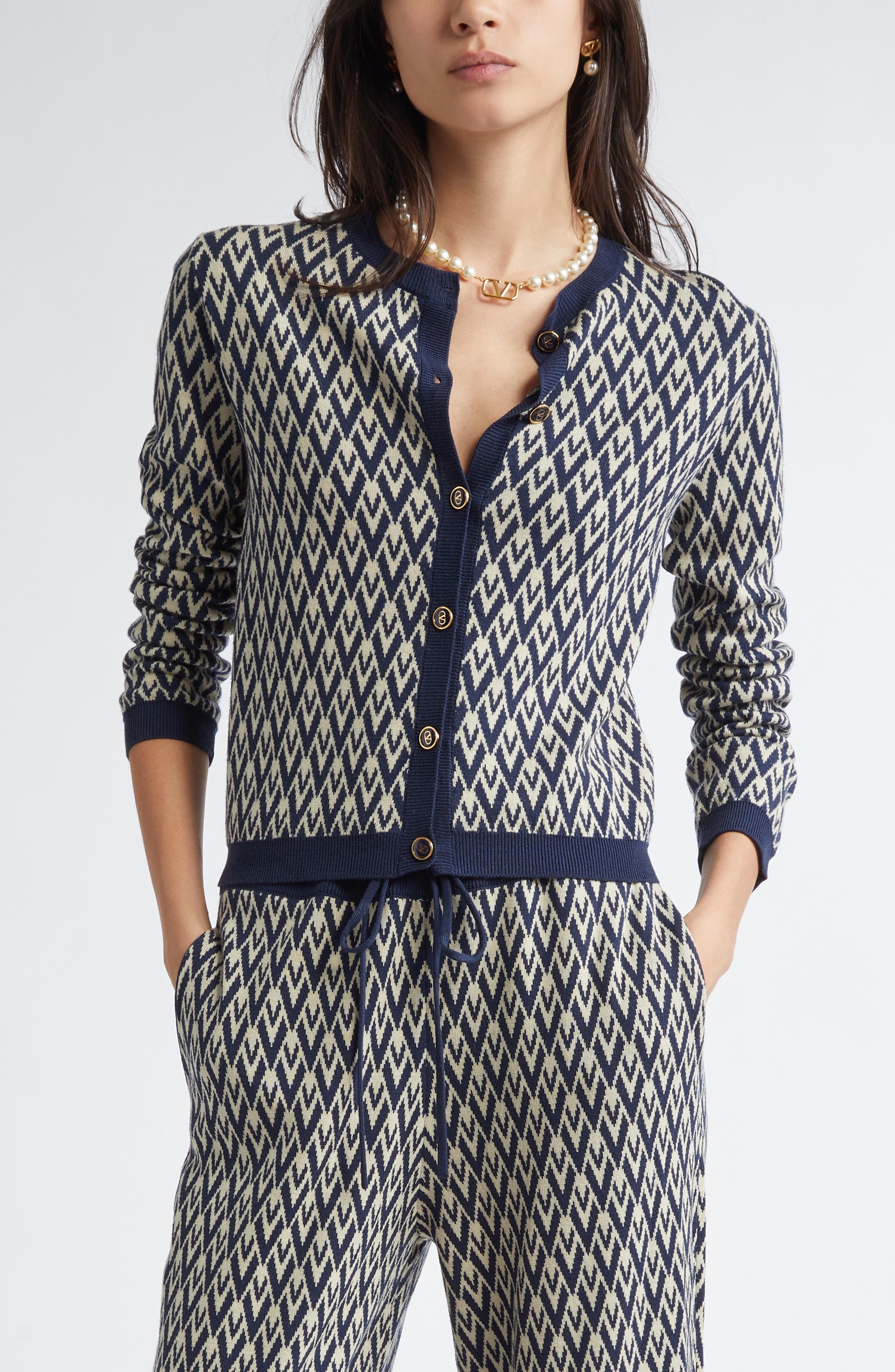 Valentino Garavani Toute La V Jacquard Virgin Wool Cardigan in Navy/Cream at Nordstrom - 1
