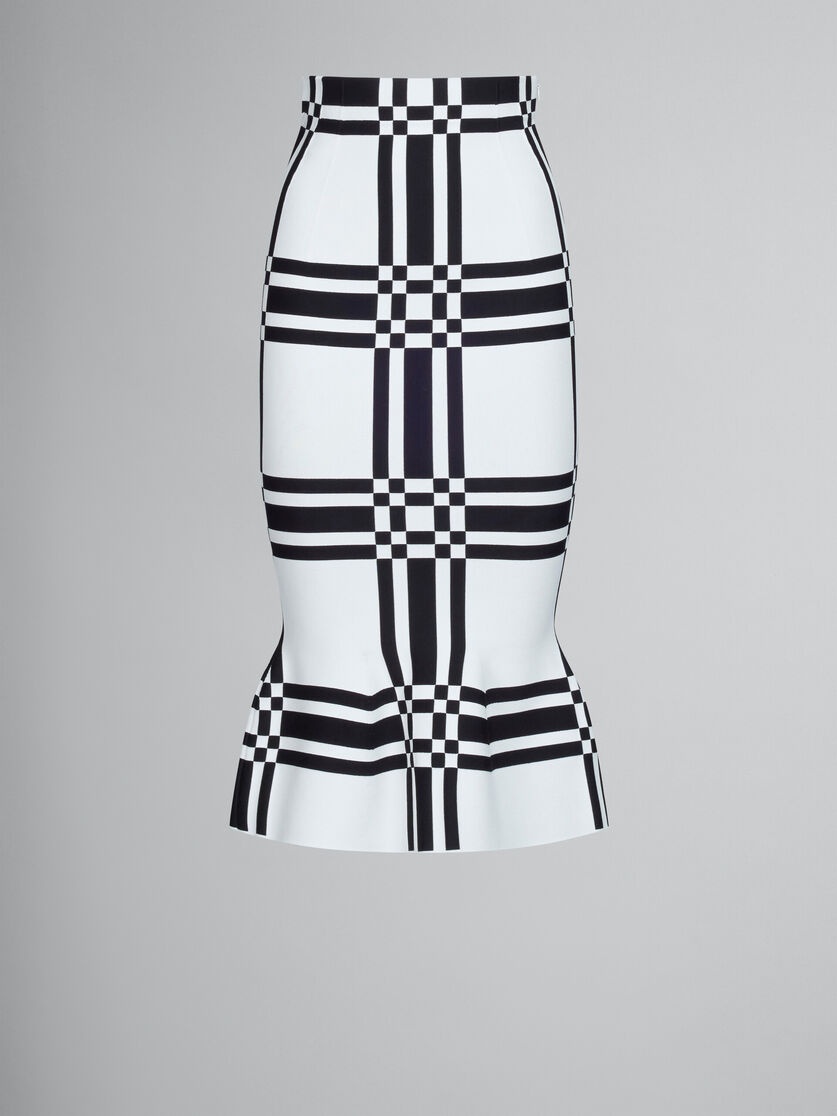 WHITE CHECKED VISCOSE SHEATH SKIRT WITH FLOUNCE HEM - 1