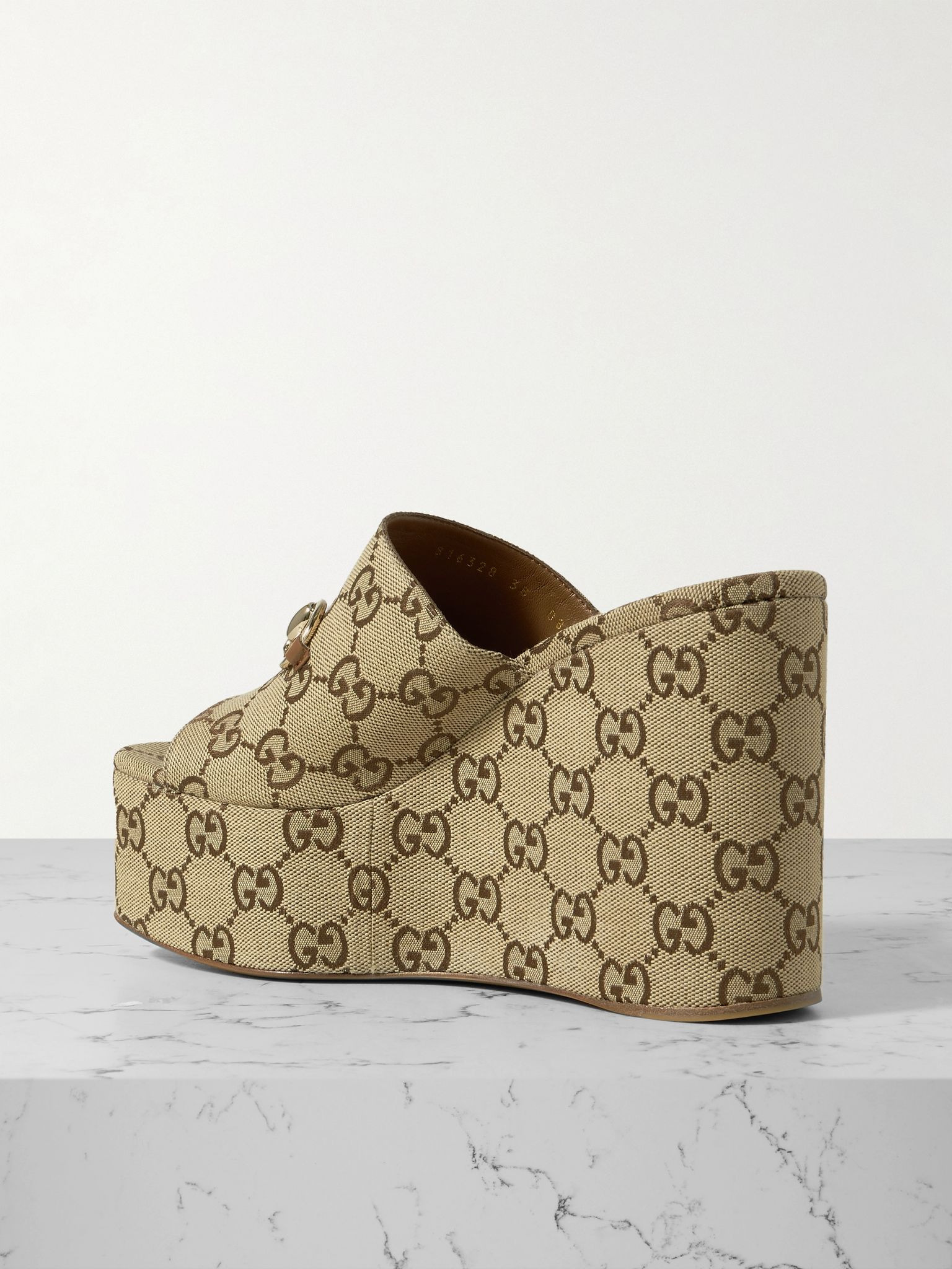 Carmen horsebit-embellished canvas-jacquard wedge mules Beige - 3