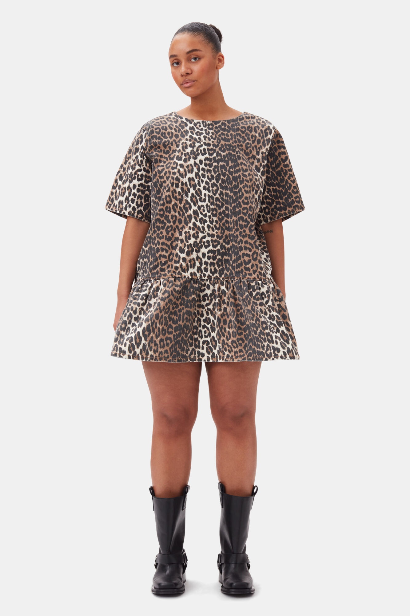 LEOPARD OPEN-BACK MINI DENIM DRESS - 6