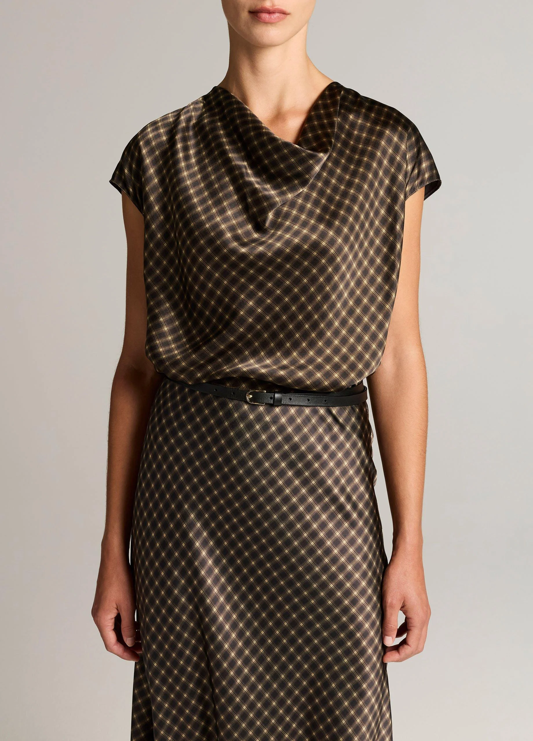Ombré Plaid Silk Satin Cowl-Neck Blouse - 1