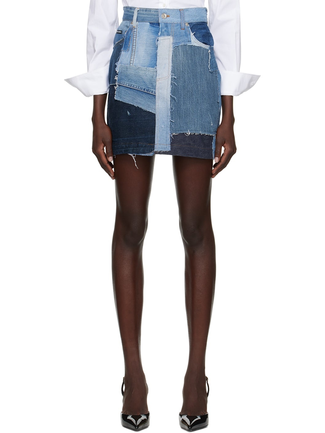 Black Washed Denim Miniskirt - 1