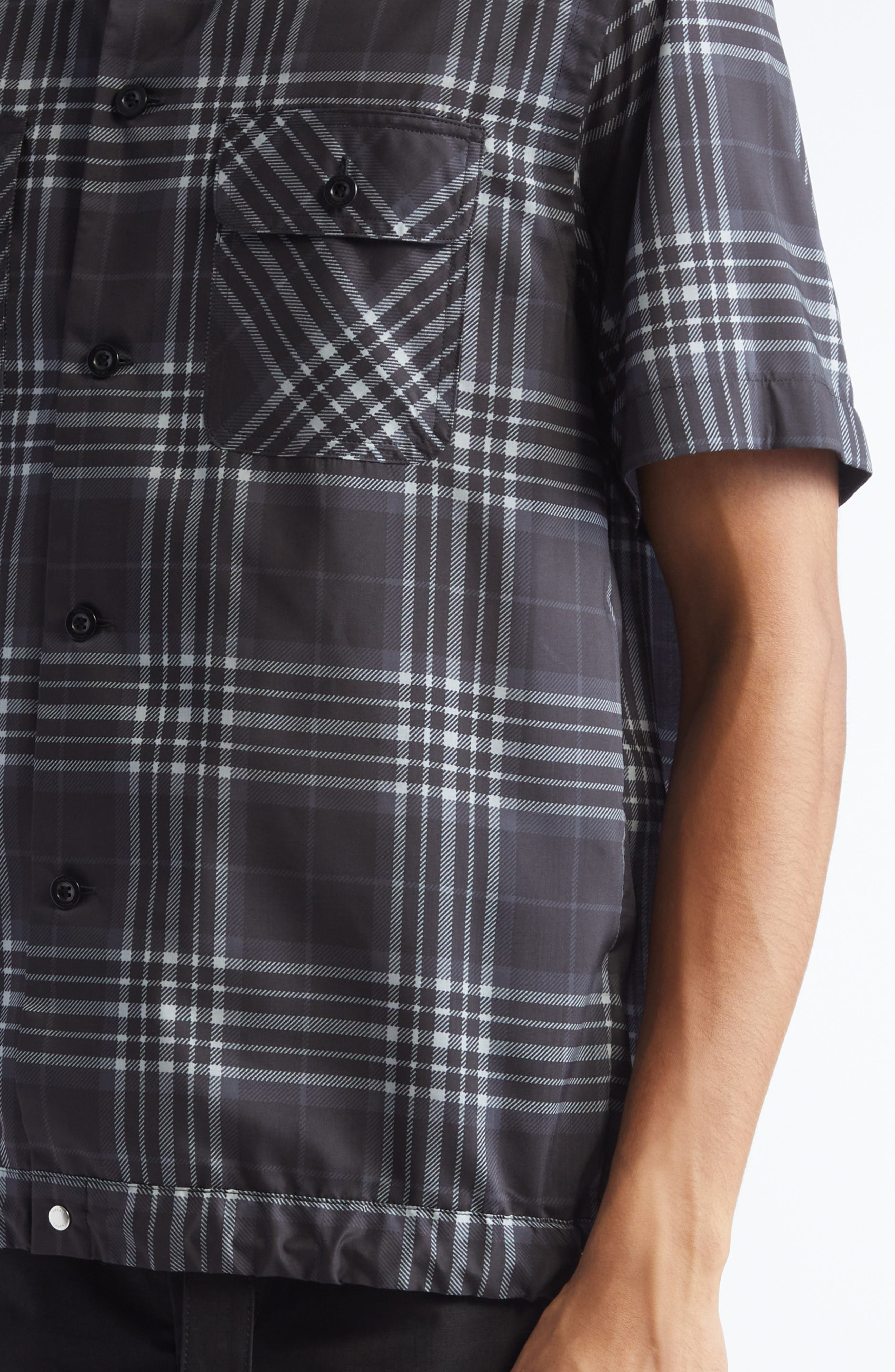 Sacai Plaid Drawcord Hem Camp Shirt in Black at Nordstrom - 5