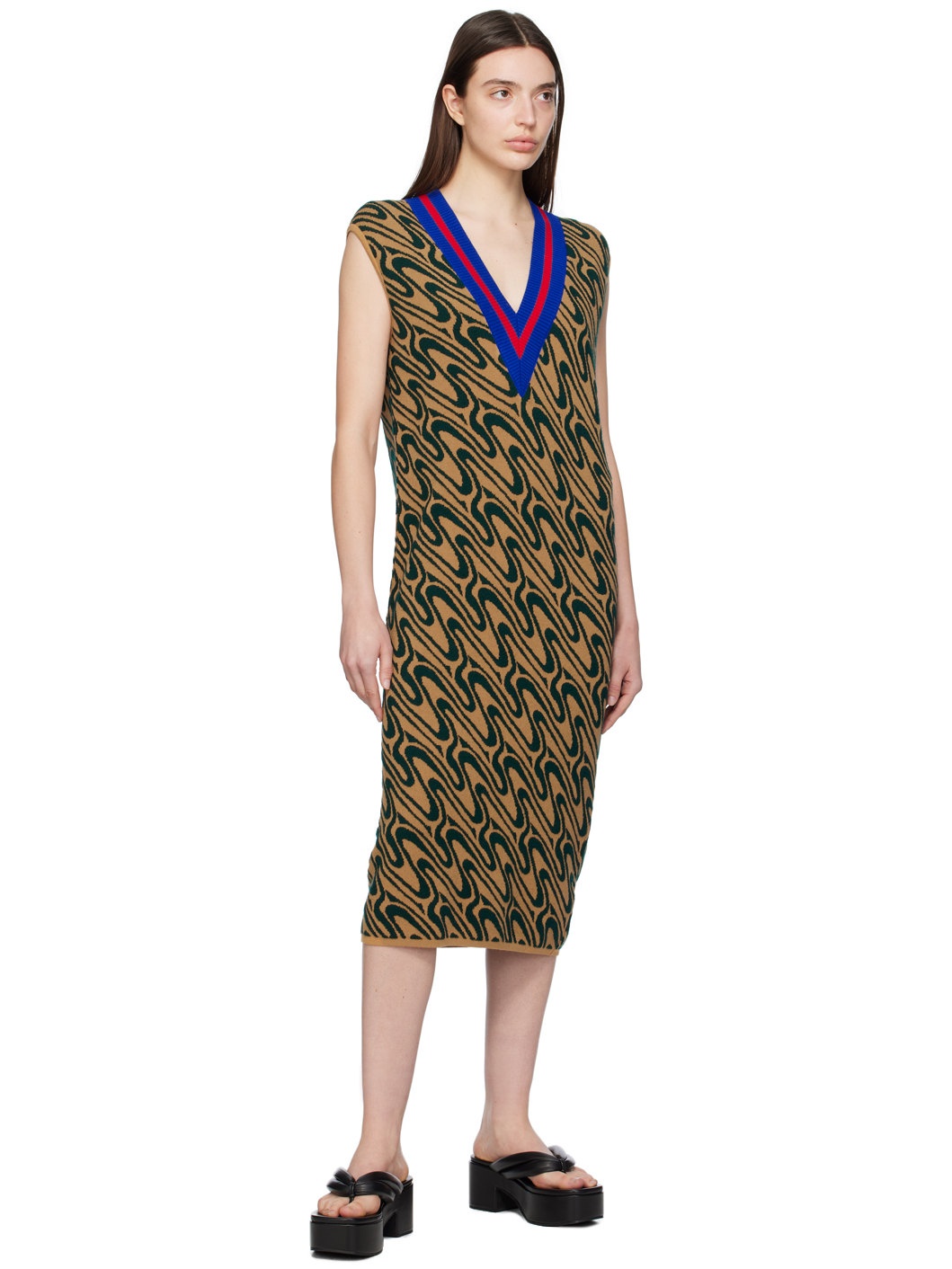 Tan & Green Jacquard Midi Dress - 4