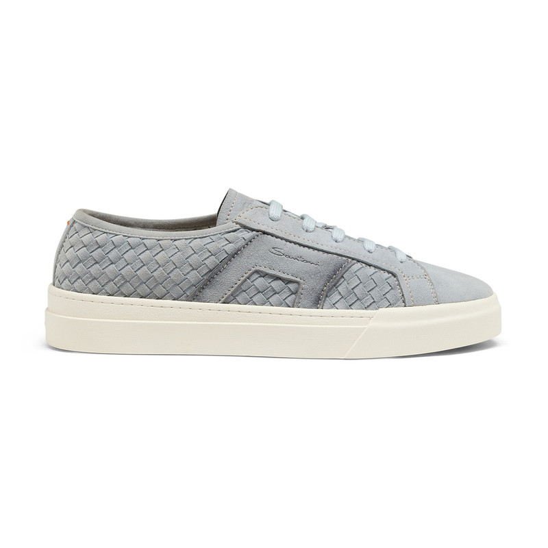 Santoni Men's light blue woven suede Double Buckle Sneaker