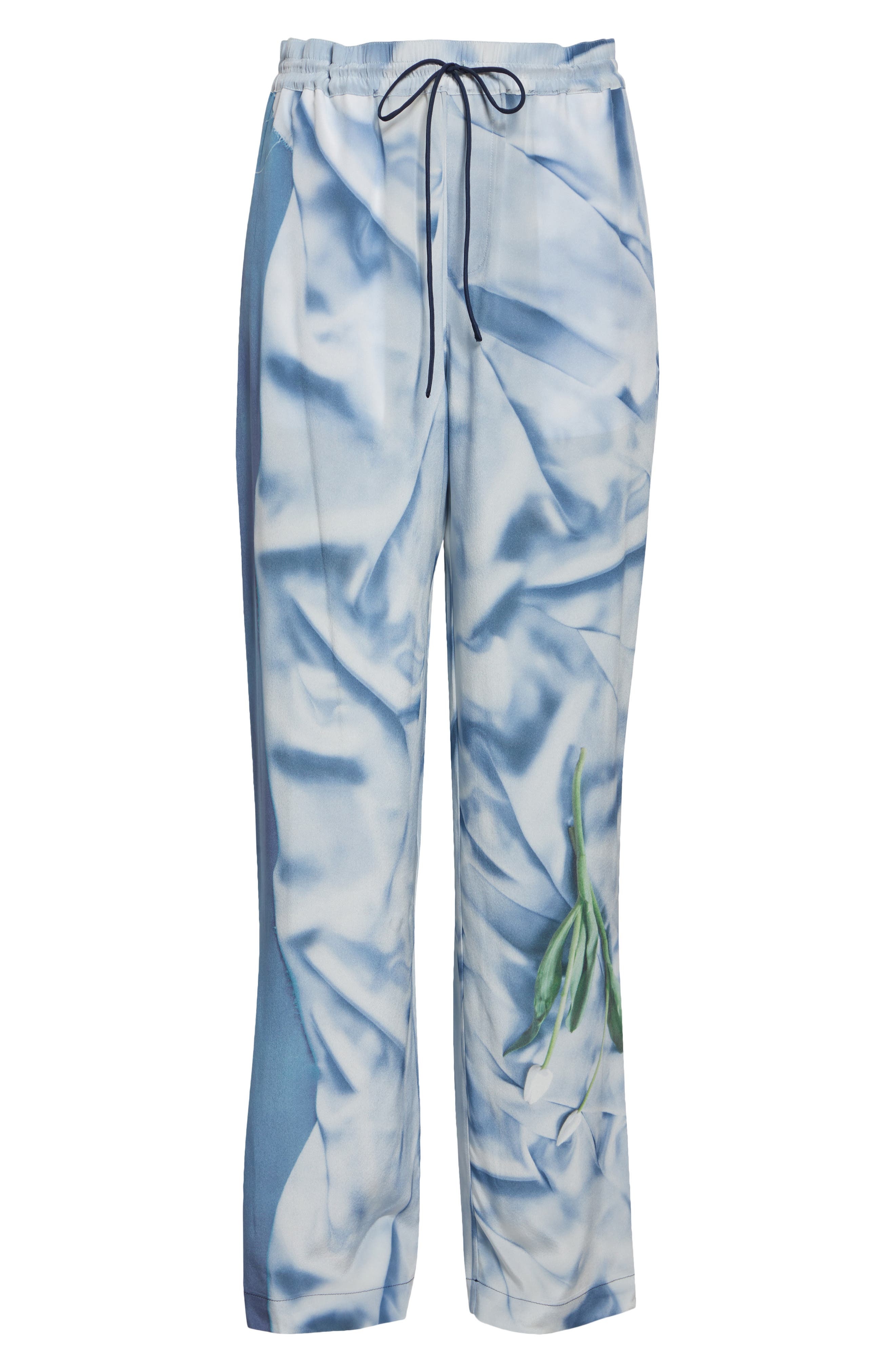 Victoria Beckham Pleat Detail & Flowers Trompe l'Oeil Silk Satin Pants in Satin Flowers Ice Blue at  - 6