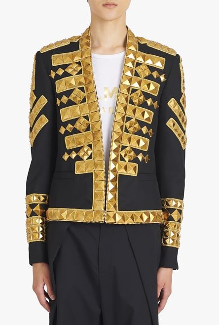 Black wool spencer jacket with gold-tone studded embroidery - 5