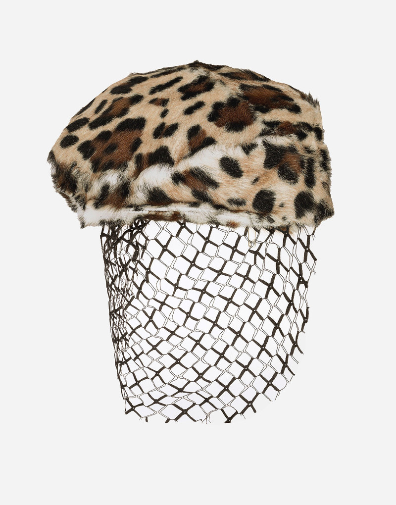 Leopard-print goatskin flat cap with veil 1