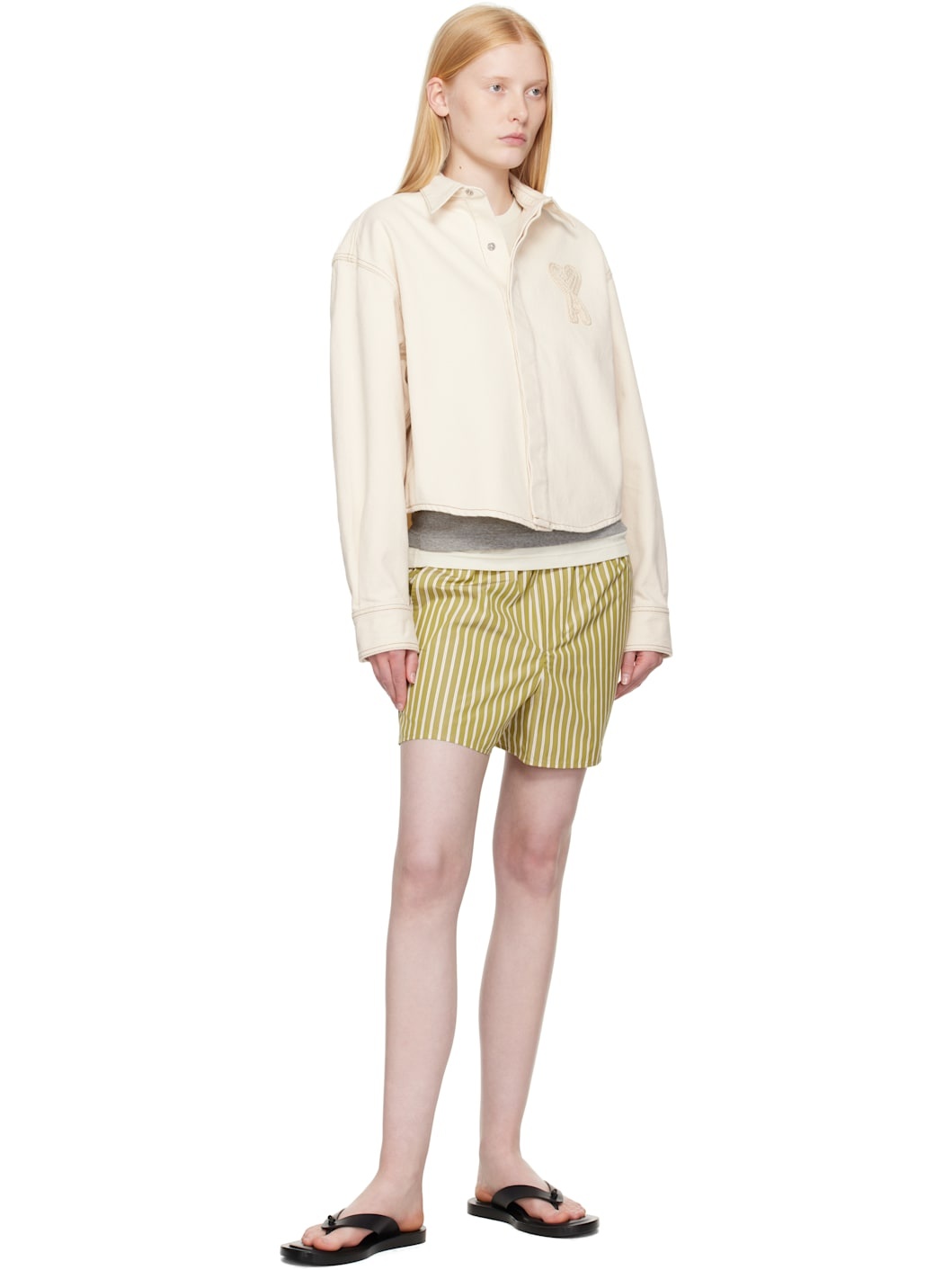 Beige Cotton Ami de Coeur Cropped Denim Shirt - 4