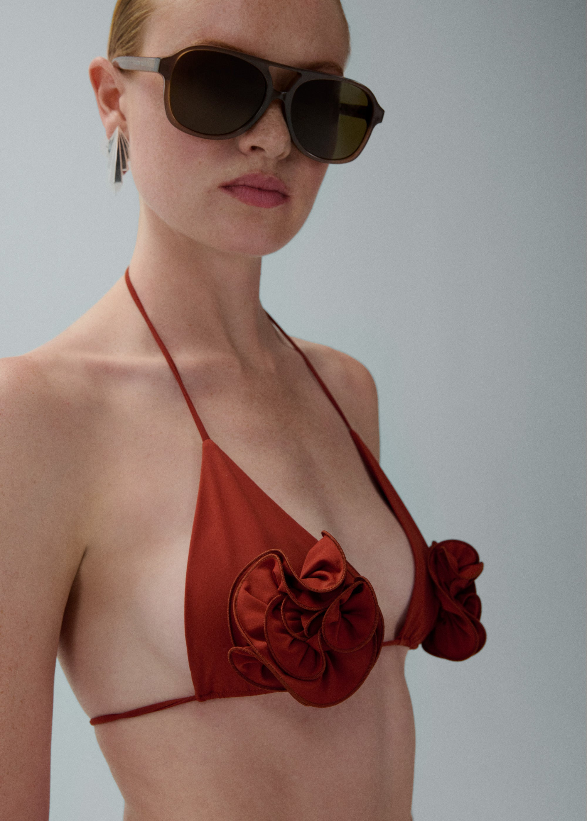 Floral strappy triangle bikini top in rust - 3