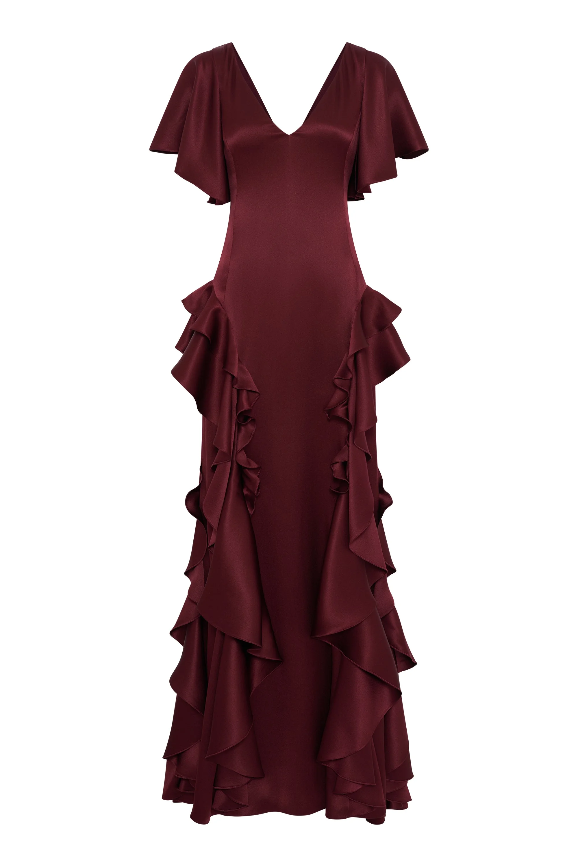 Spiral Ruffles Dress in Bordeaux Silk Satin - 1