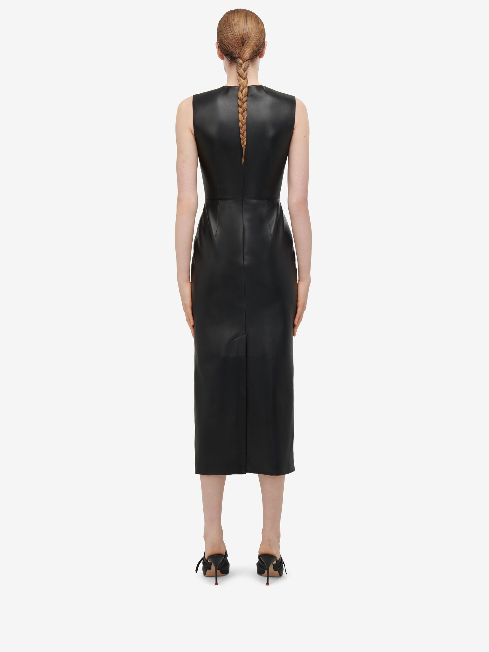 Women's Leather Slashed Pencil Dress in Black - 4