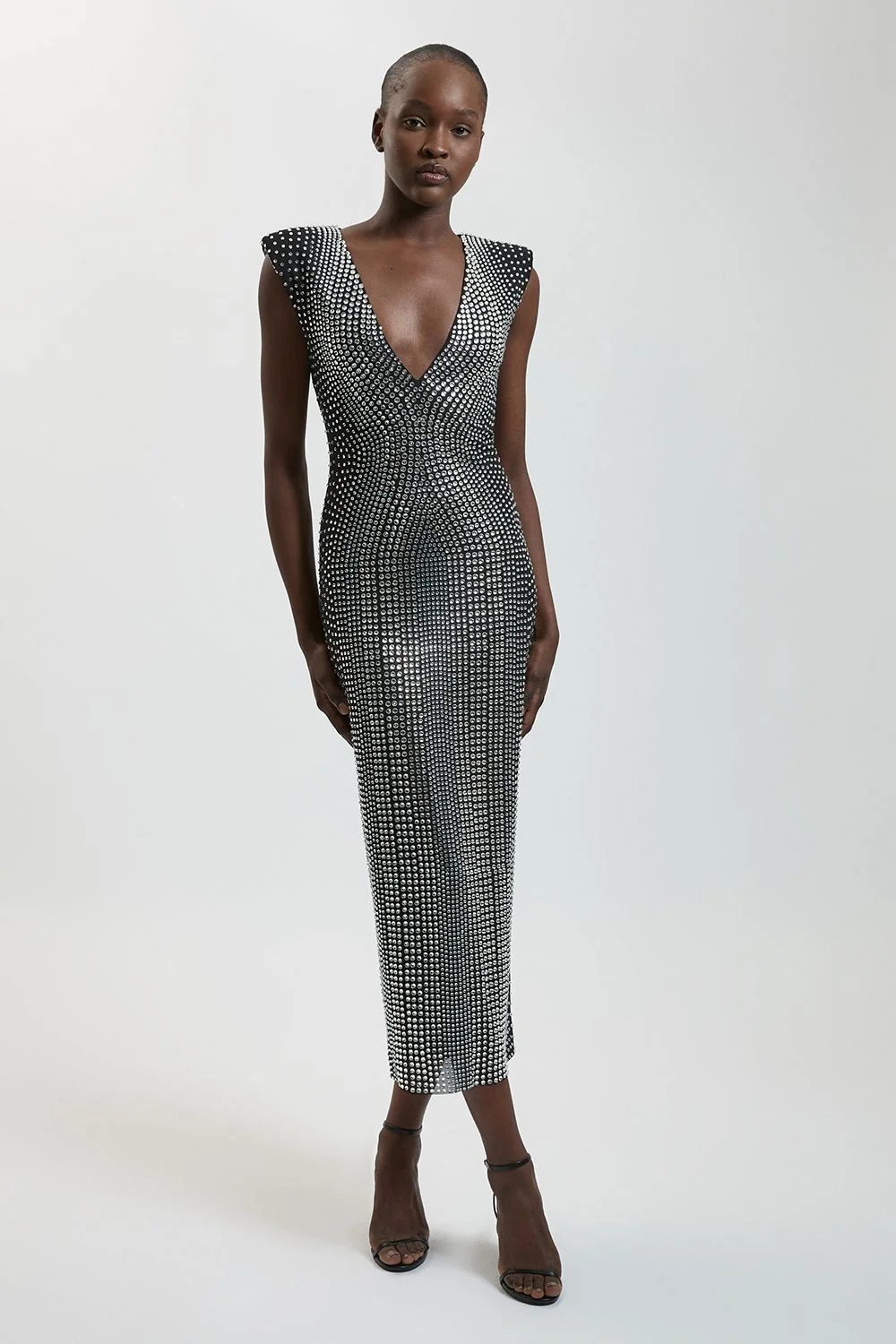 Premium Crystal Embellished Jersey Sleeveless Plunge Neck Midi Dress - 1