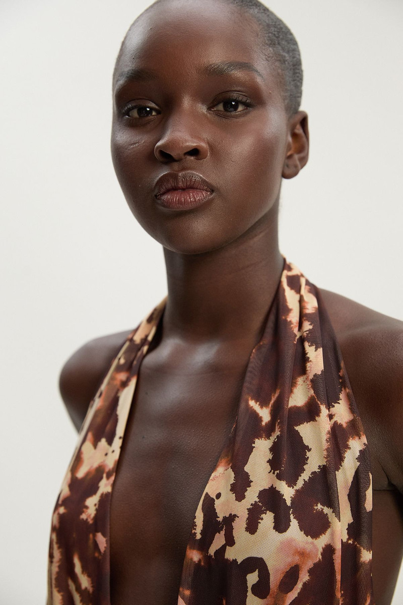 KAREN MILLEN Leopard Print Plunge Halter Neck Trim Detail Mesh Bodysuit outlook