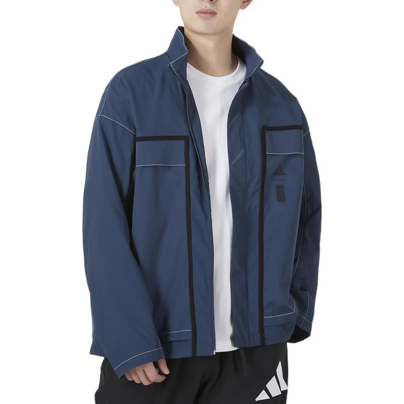 adidas Loose Casual Splicing Windproof Stand Collar Jacket Blue HM7471 - 4