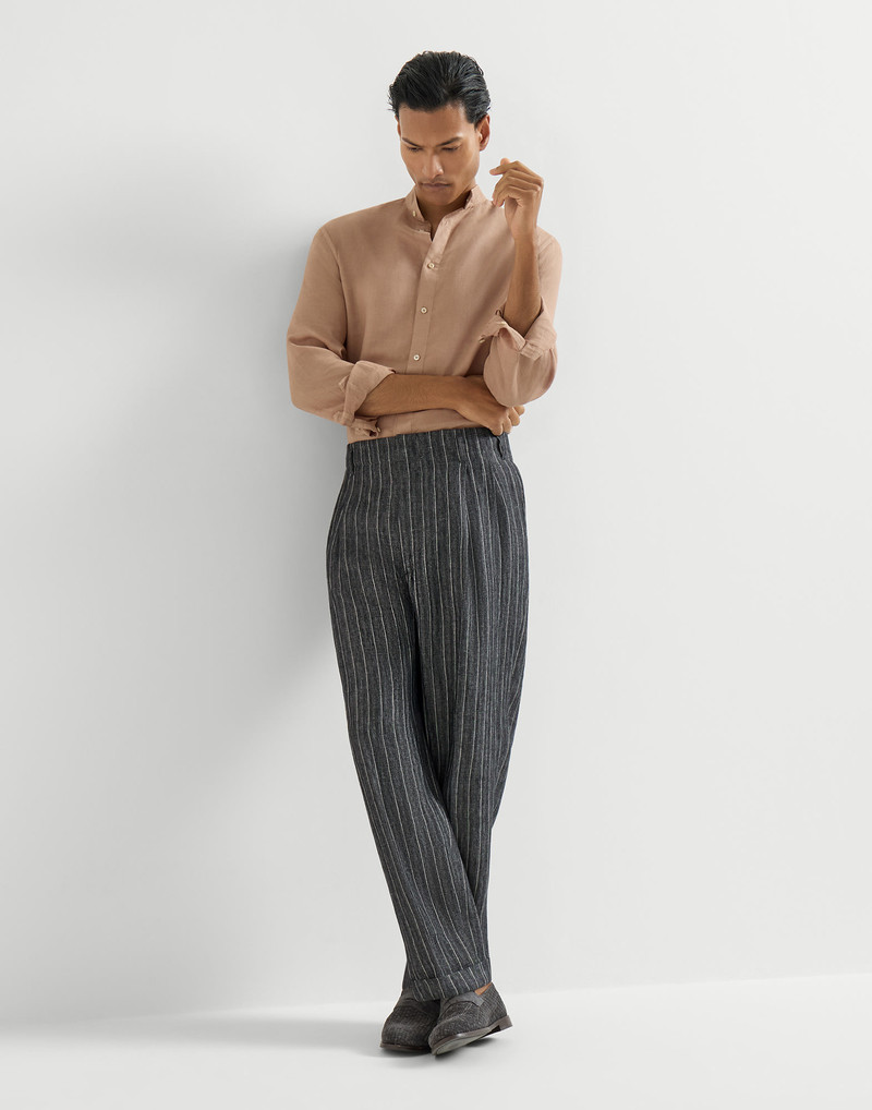 Linen chalk stripe chevron trousers with double pleats 5