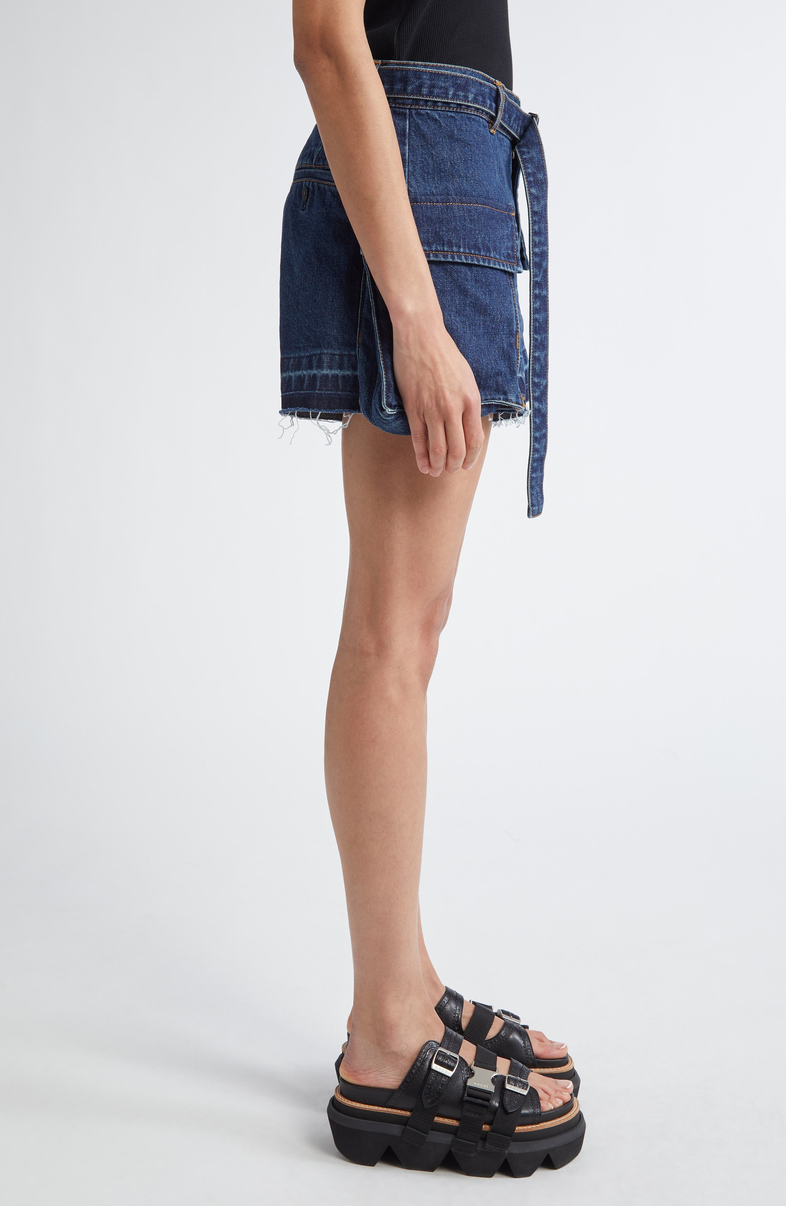 Sacai Belted Frayed Release Hem Cargo Denim Shorts in Blue 401 at Nordstrom - 4